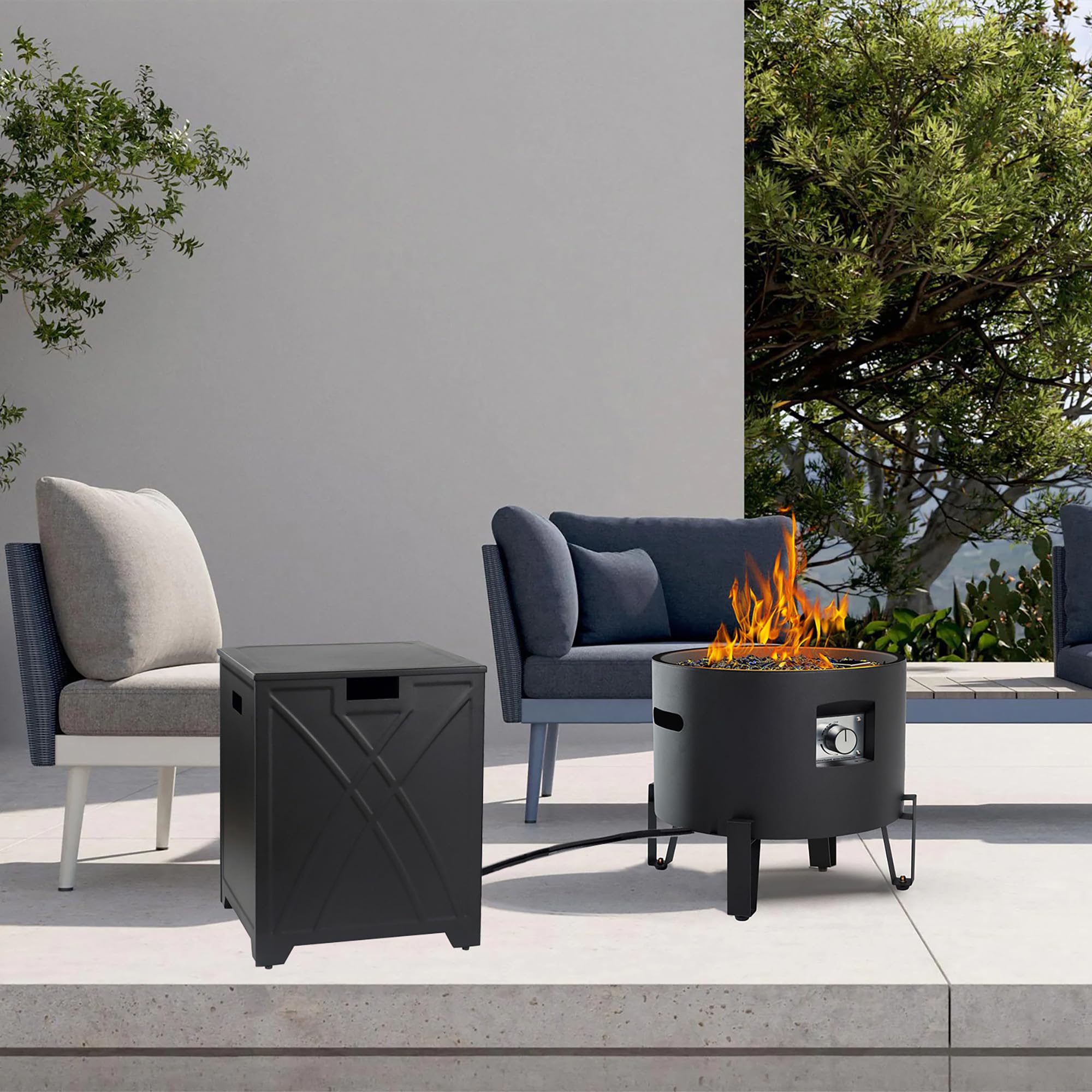 Portable Gas Fire Pit with 20Lb Propane Tank Cover, 50,000 BTU Compact Propane Gas Fire Pit, Portable Outdoor Fire Pit w/Glass Shards, Lid, 10Ft Propane Hose - Black