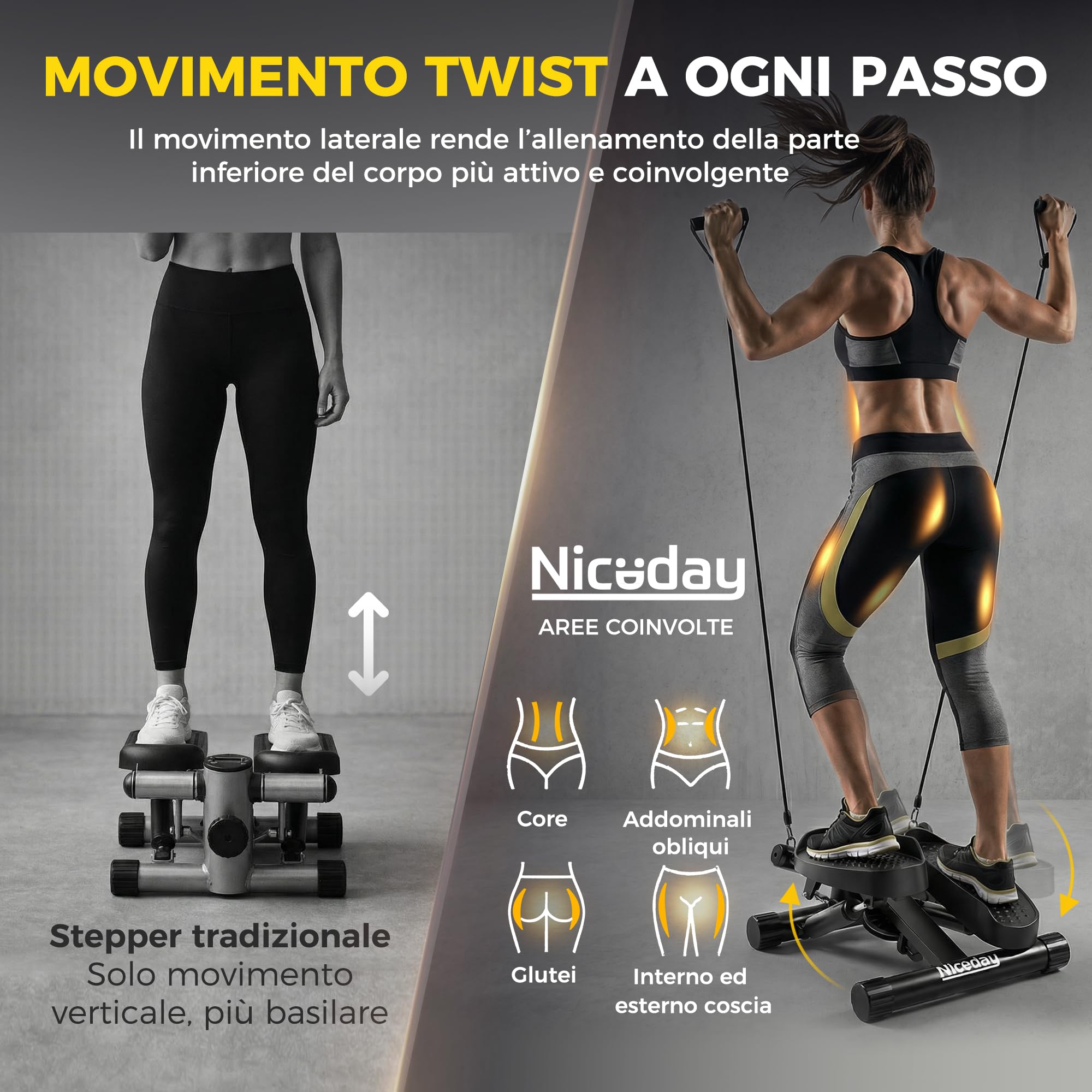 NICEDAY Stepper Twist per Allenamento, Mini Stepper da Casa con Fasce di Resistenza e Monitor LCD, Salvaspazio, Pedali Antiscivolo, Allenamento Total Body