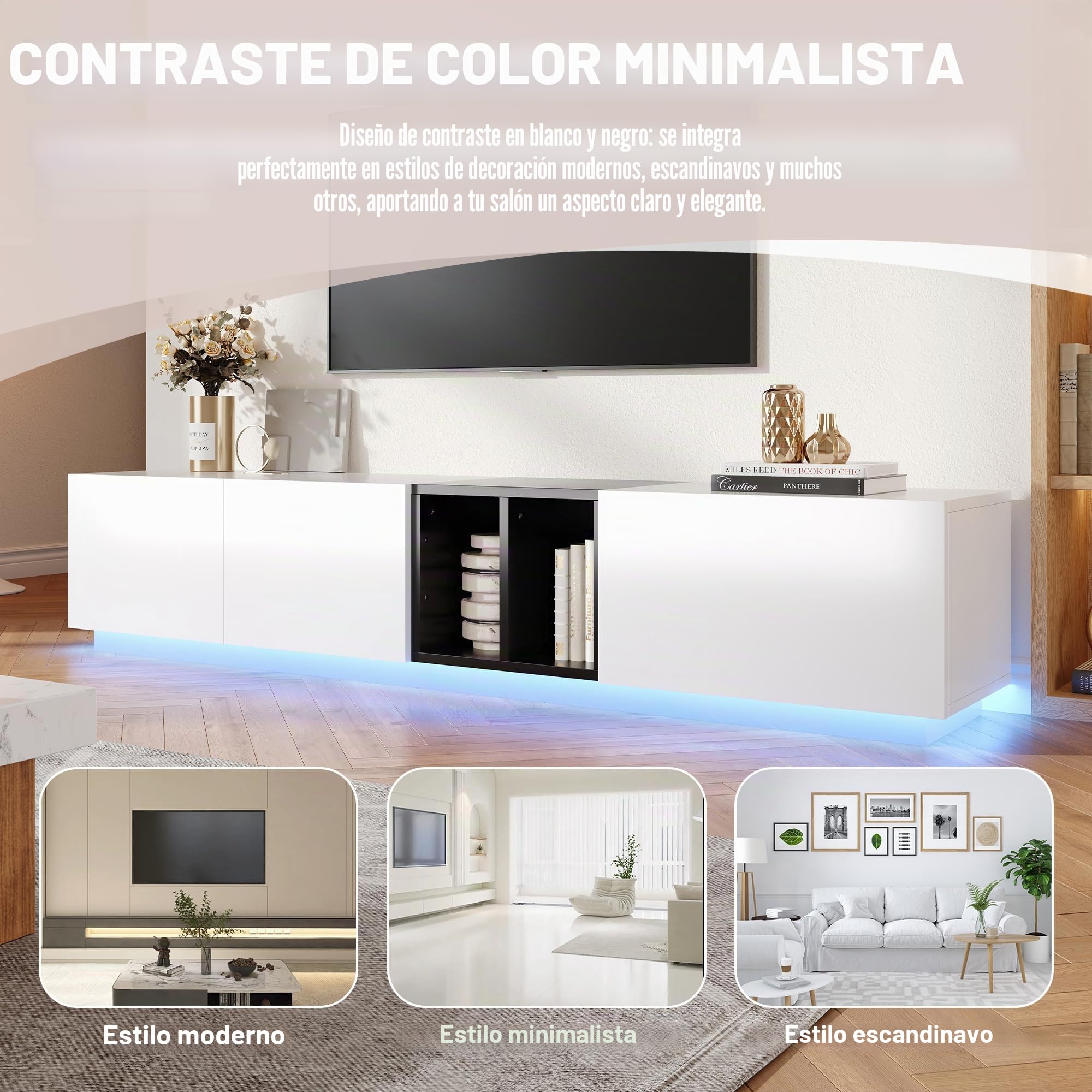 Azkoeesy Mueble de TV con iluminación LED de 190 cm, con cajón y puerta de armario, mueble de TV para salón, color blanco y negro (190 x 40 x 35 cm)