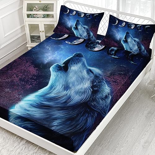 Miniatura 2 de XYNHML Juego de sábanas de lobo, juego de ropa de cama con diseño de galaxia y luna nocturna y lobo aullador, juego de cama para niños y