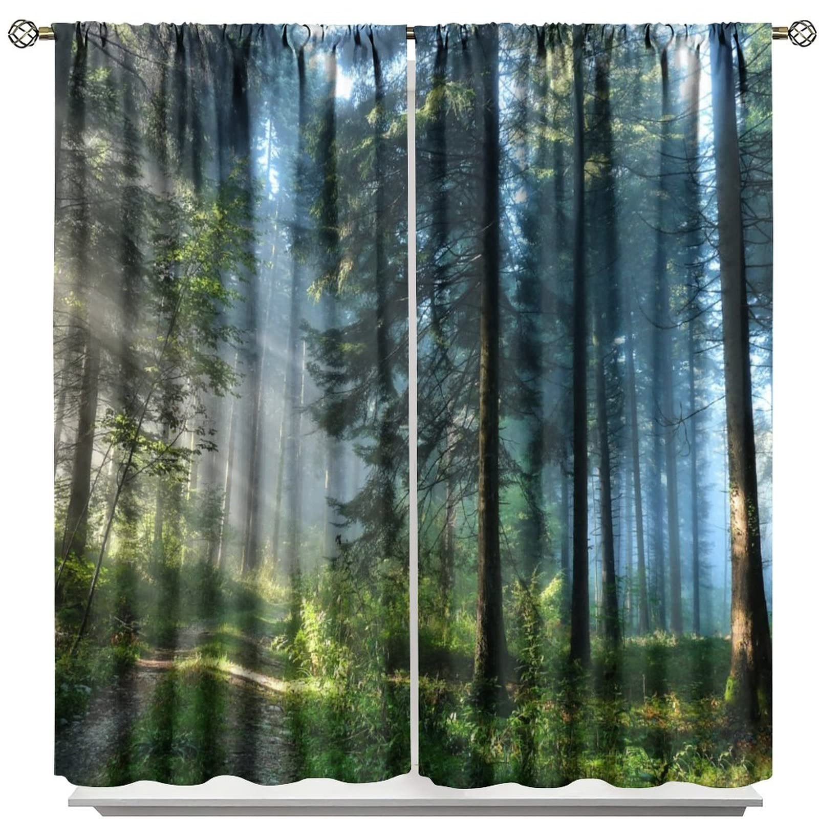 Green Forest Curtains,Forest Sunshine Tree Nature Scenery Room Darkening Thermal Insulated Window Curtain for Living Room Bedroom Kitchen Bathroom 63x63in