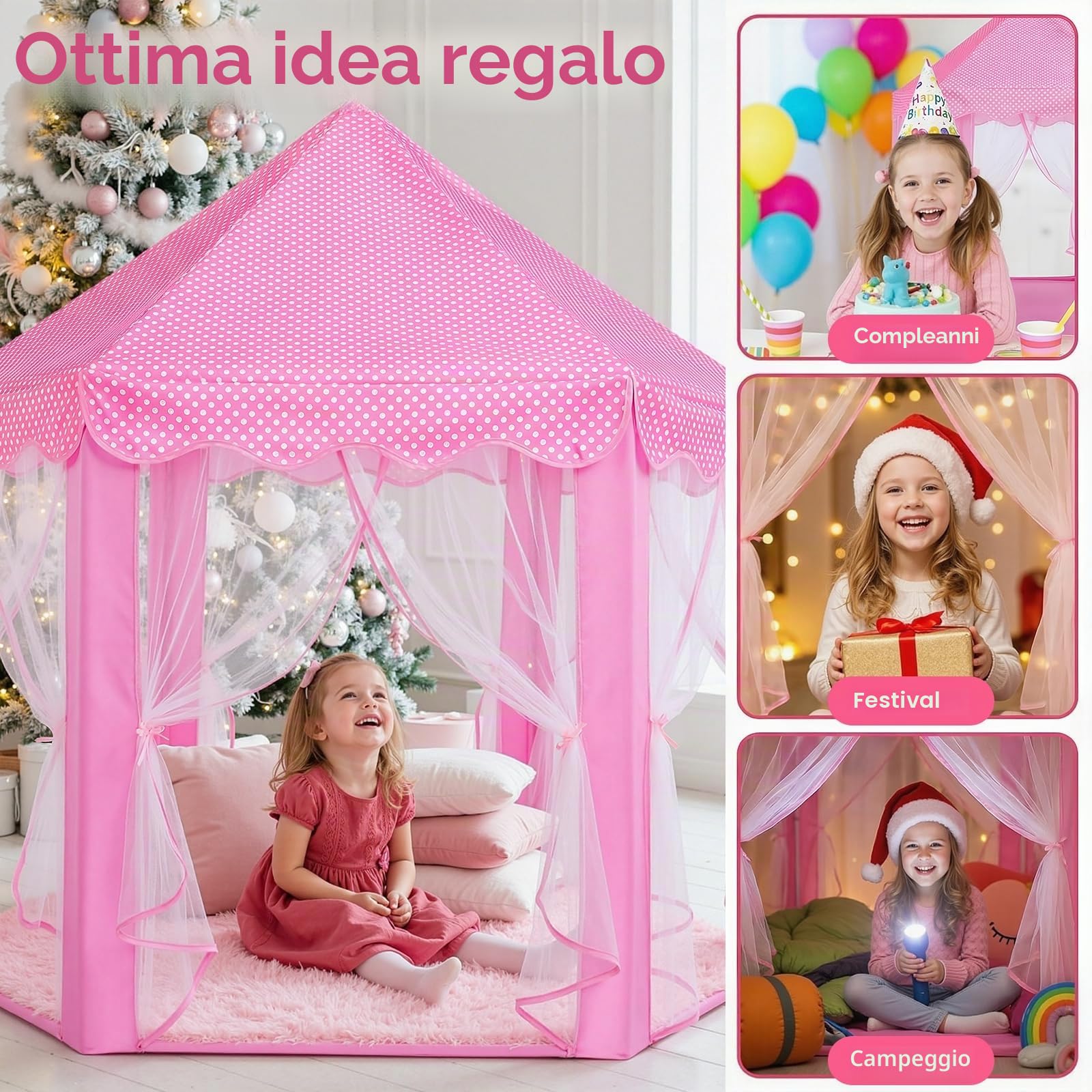 Sumbababy Giocare tende per bambini principessa castello tenda con tappeto per ragazze fata esagonale giocattolo casetta per bambini o bambini piccoli giochi al coperto (rosa)
