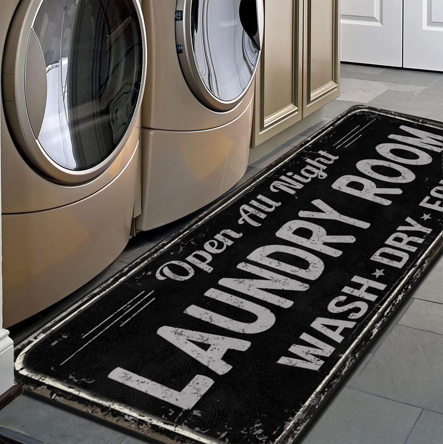 Farmhouse Laundry Room Rug Runner Non Skid Machine Washable Area Rugs Decor for Kitchen, Bath, Washroom Black（48x20in）