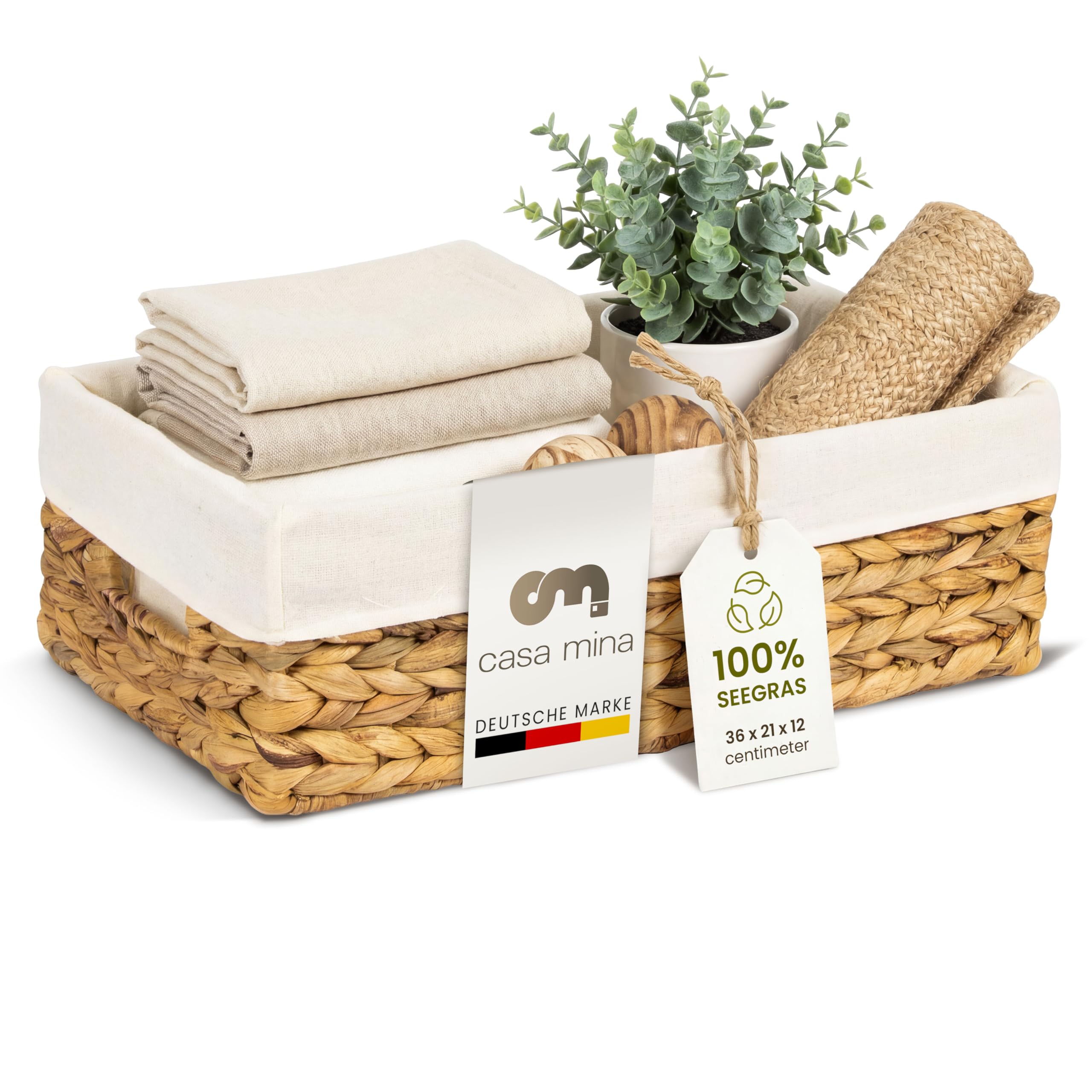 Casa Mina Korb Aufbewahrungskorb Bad L36xW21xH12cm 100% natürlich aus Wasserhyazinthe I Robuste Spielzeug Organizer für jeden Raum I Aufbewahrungskorb mit robustem Metallgestell