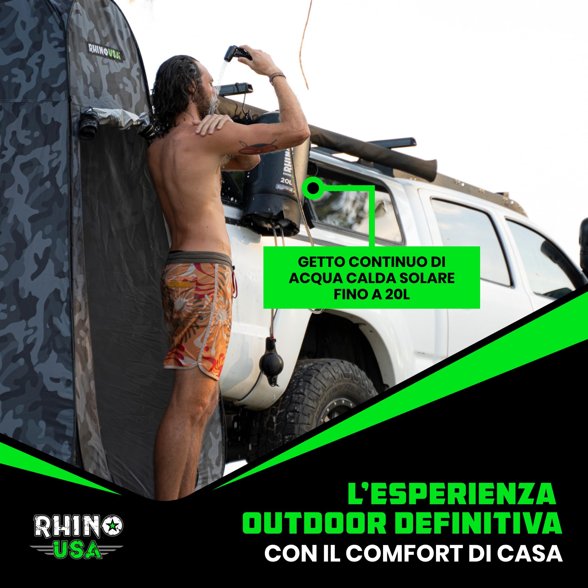 Rhino USA Doccia portatile da campeggio solare da 20 l, essenziale per campeggio, festival, overlanding, gite in spiaggia, doccia all'aperto e molto altro ancora