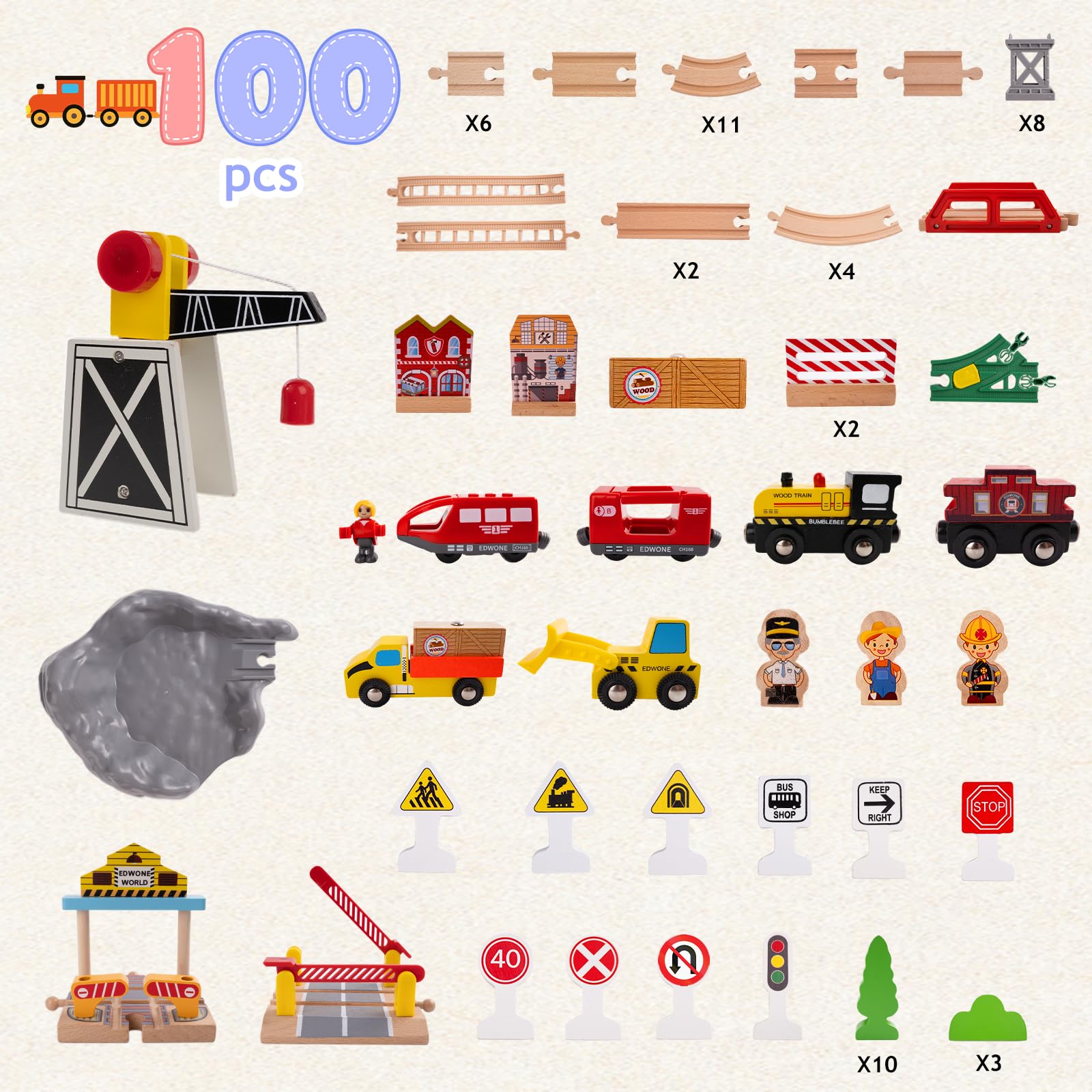 Treni in Legno per Bambini, Set di 100 Pezzi Treni e Giocattoli in Legno, con Locomotiva Trenino Elettrico e Gru Magnetica, Giocattoli Treno Elettrico, Regali di Compleanno e Natale Bambini