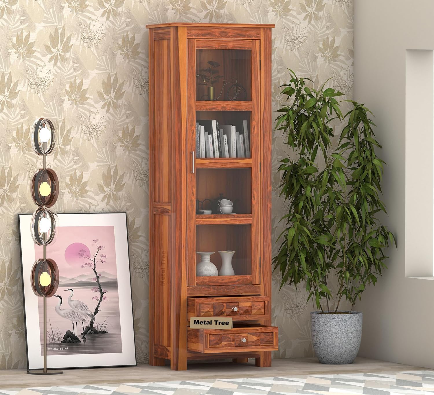 Solid Sheesham Wood Bookshelf for Home, Wooden Book Rack & Bookcase with Glass Door Storage Shelves for Living Room, Bedroom & Office with 2 Drawers & 4 Shelves (Honey, Aish)-picture-22