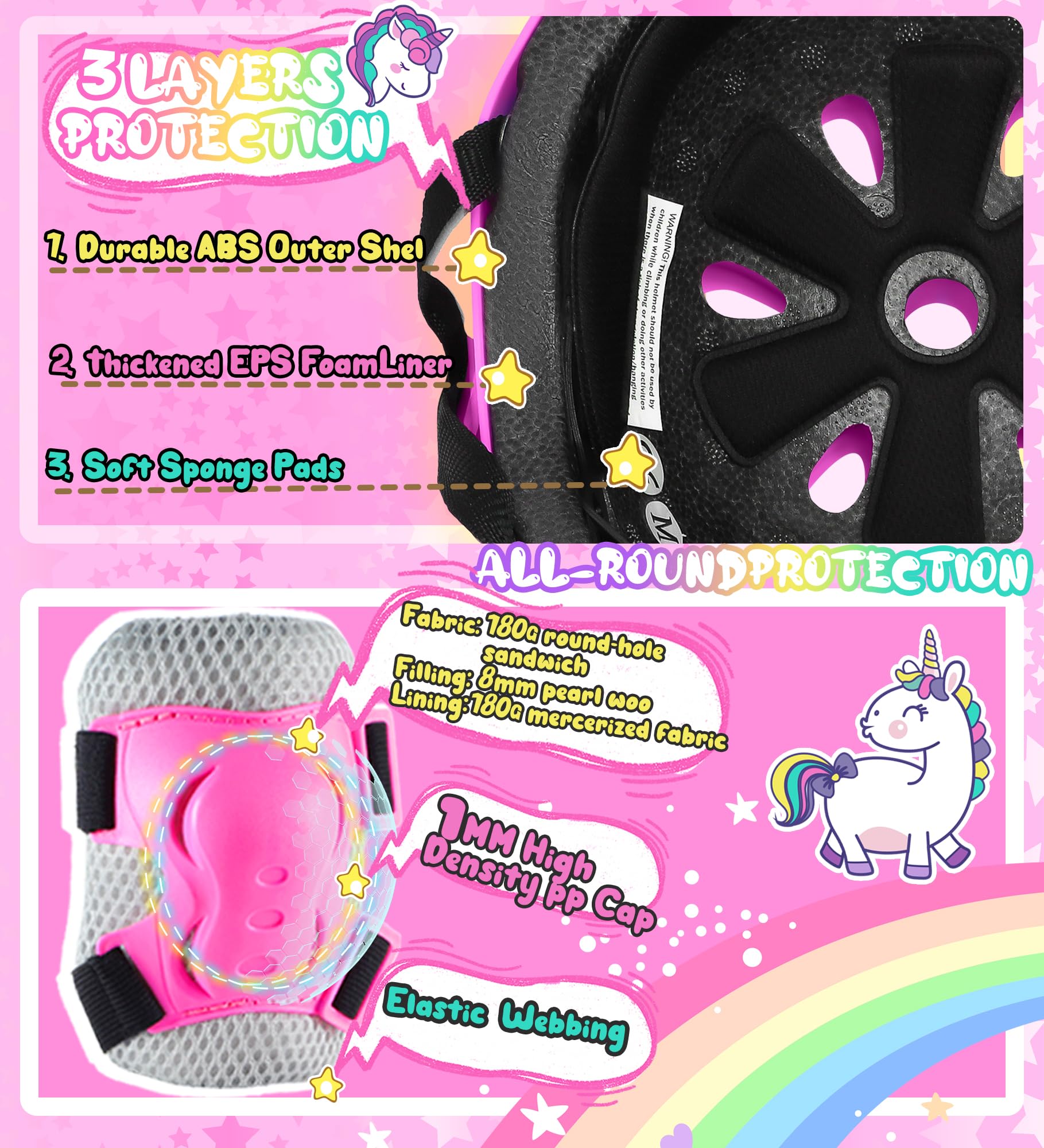 Licorne Protection Roller Enfant Fille Genouillères pour Enfants Equipement de Protection avec Sac de Transport pour Scooters Vélos Inline Skates Skateboard