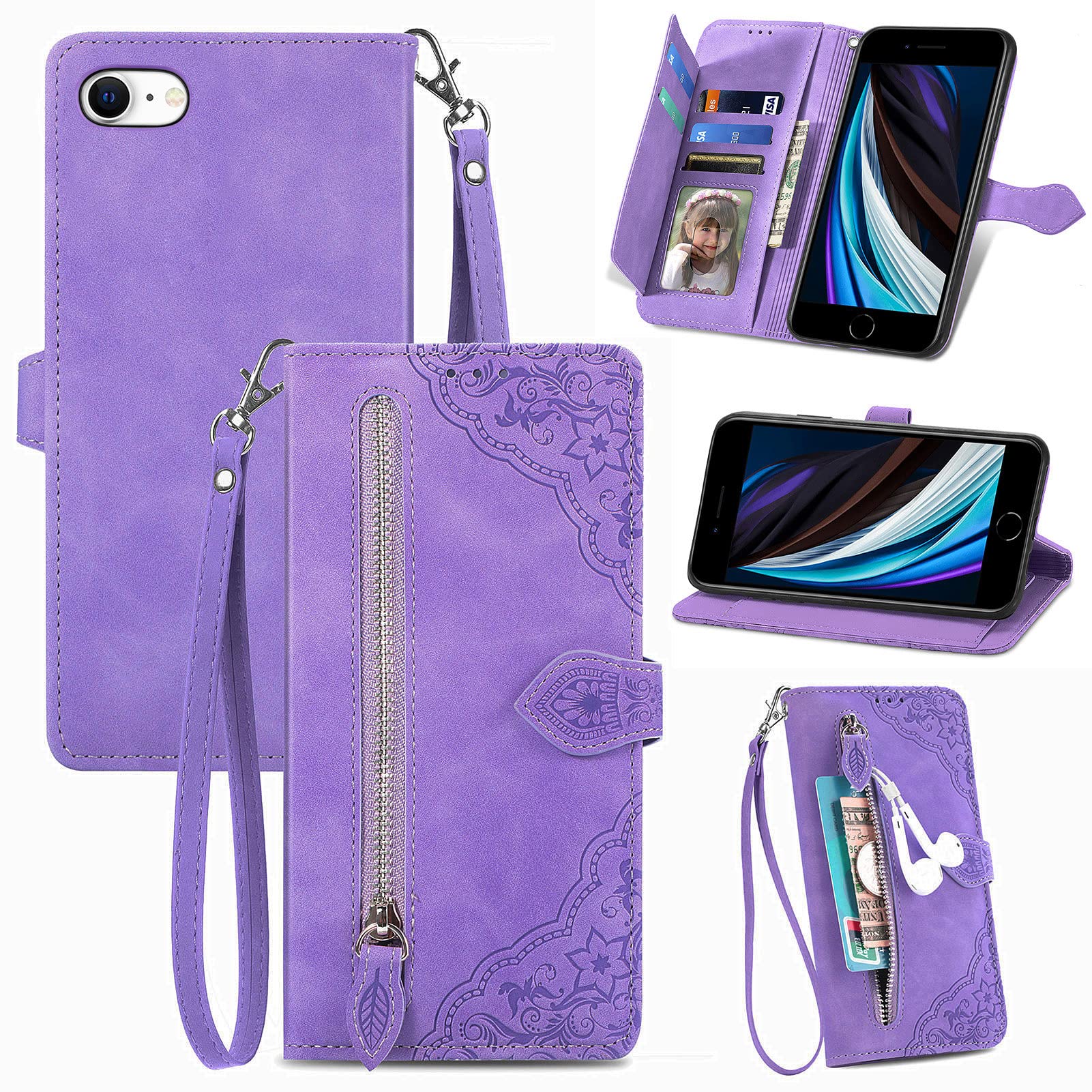 Refilerss iPhone 8/7/SE 2022/2020 Wallet Case Zipper Pocket with Card Holder Slot Magnetic Closure Lanyard TPU Protective PU Leather Folio Flip Cover - Purple