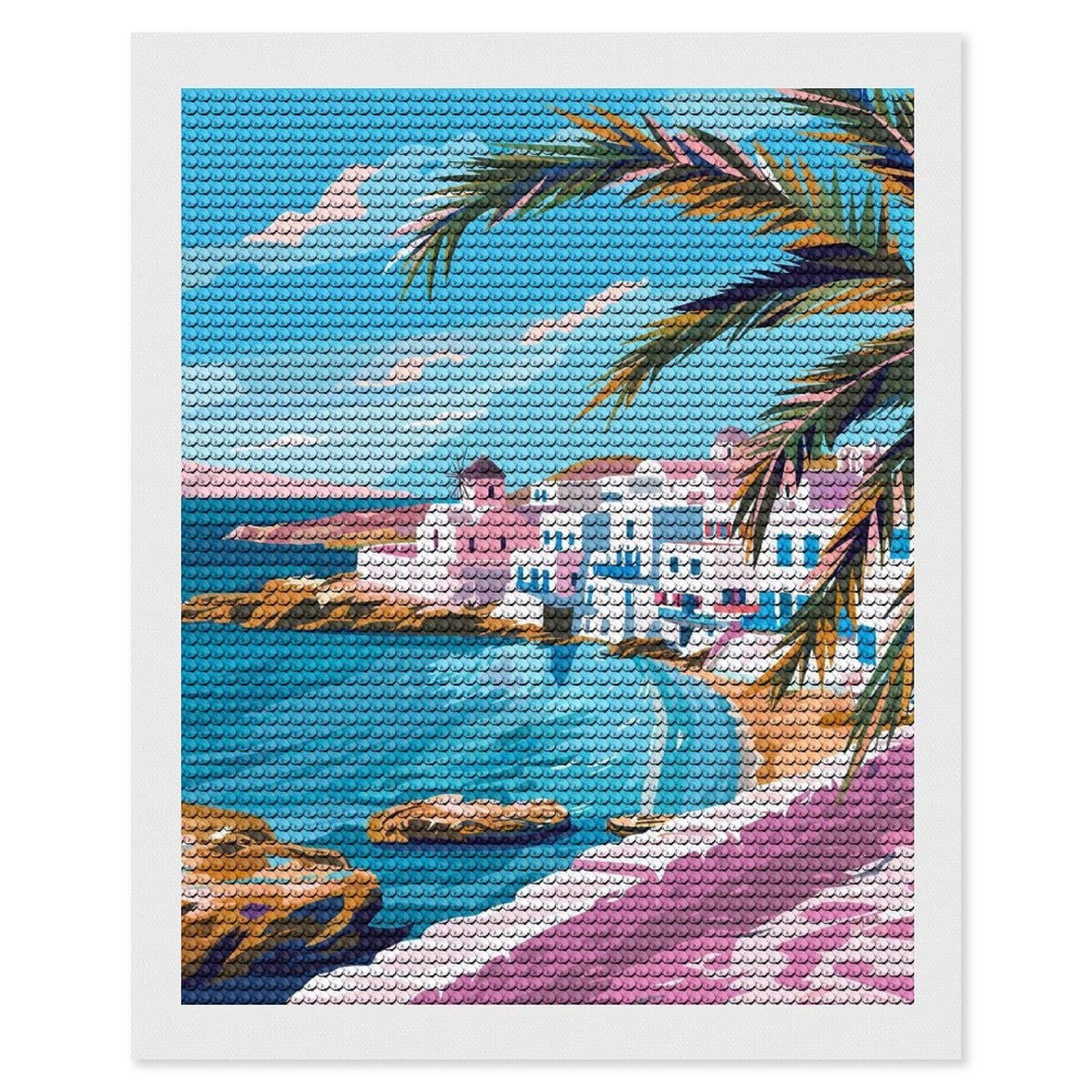 Junmoney Mykonos Greece Travel Art Diamond Painting Canvas Kit 16"x20", Adhesive Canvas, Living Room Decor, Farmhouse Decor, Winter Craft