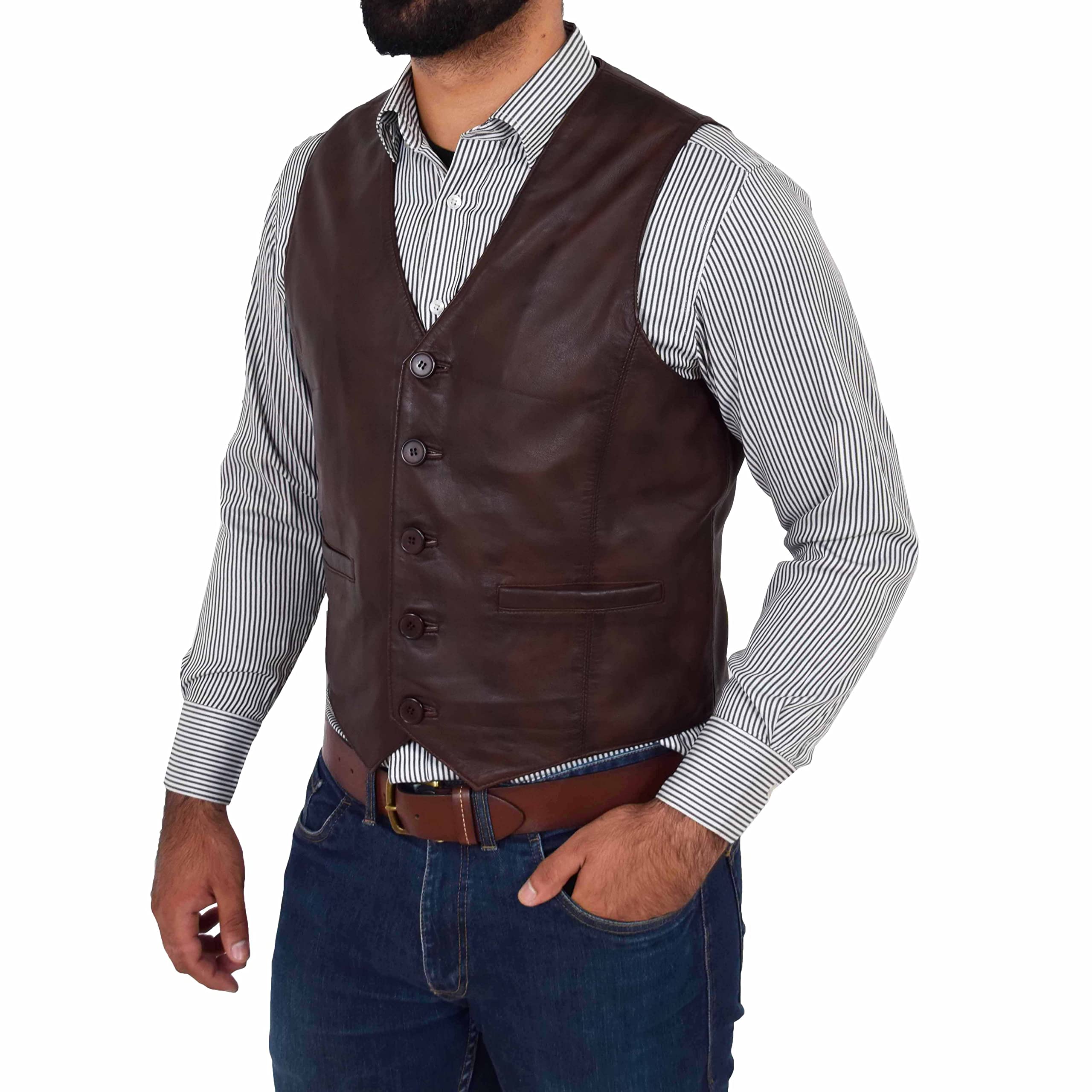 DR135 Gilet classique en cuir pour homme Marron