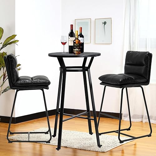 Glitzhome Juego de mesa y sillas de comedor, mesa redonda de acero negro con parte superior de madera de olmo sólido y taburetes de bar de cuero