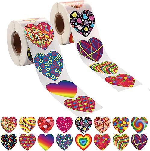 800 calcomanías en rollo de corazón de San Valentín para niños, calcomanías coloridas en forma de corazón, calcomanías decorativas de amor para
