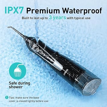 COSLUS Water Dental Flosser Teeth Pick C20: ADA Accepted, Portable Cordless Oral Irrigator 300ML Rechargeable Travel Irrigation Cleaner IPX7 Waterproof Electric Flossing Machine for Teeth, Black