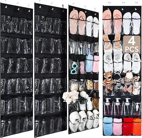 4 organizadores de zapatos para colgar sobre la puerta, 24 bolsillos transparentes, organizador de zapatos negro con ganchos, soporte de zapatos