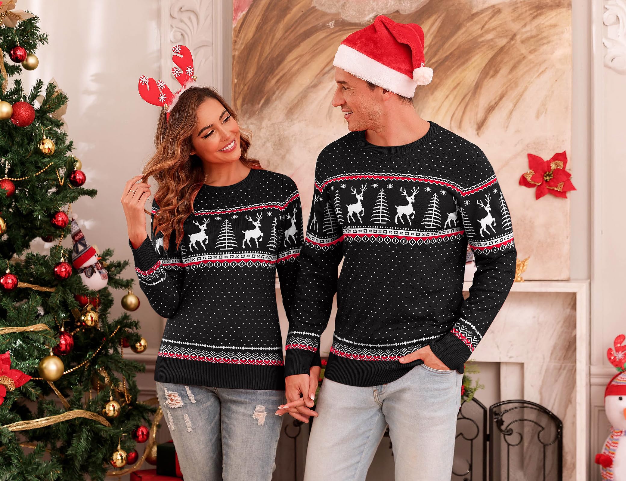 Aottori Familien Weihnachtspullover Damen für Weihnachtsfeiern Schwarz L | Weihnachtspulli Damen Langarm, Langarm im Weihnachtsstil, Warm Und Gemütlich im Winter, Als Partnerlook für Festtage