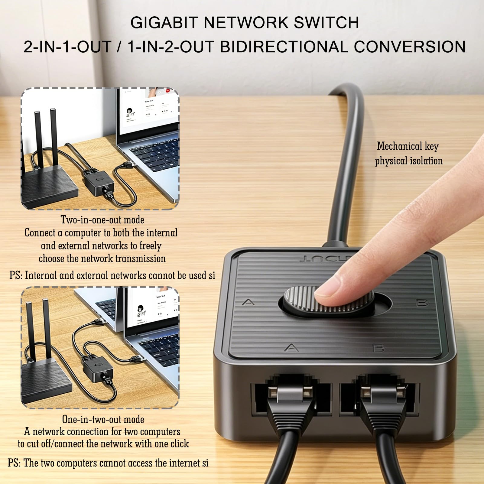 Passiver Netzwerk Switch, Ethernet Umschalter 2 in 1 Out, LAN Switch Ohne Strom 1000Mbits Passiv 1 in 2 out, RJ45 Gigabit LAN Splitter Stromlos PoE Kompatibel für CAT7 CAT6A CAT6 CAT5e mit Vergoldeten