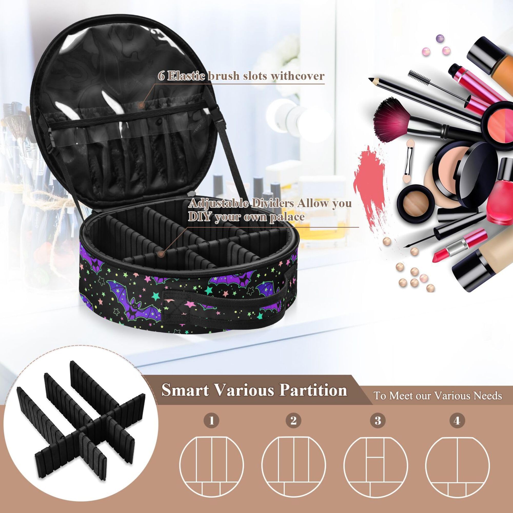 MNSRUU Gothic-Make-up-Tasche für Damen, Vintage, Make-up-Tasche, groß, Reise-lila Fledermaus, Gothic-Kosmetiktasche, Kulturbeutel mit verstellbaren Trennwänden, tragbar für Kosmetik, Make-up-Pinsel,
