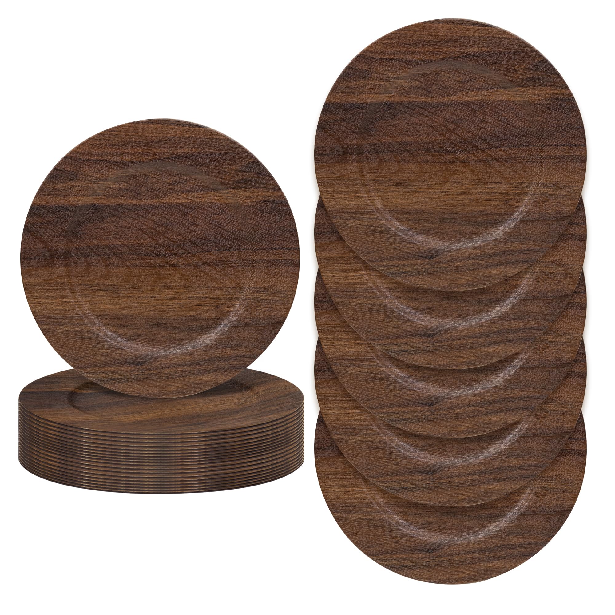 Photo 1 of JEVERGN 24 Pack Farmhouse Charger Plates, 13'' Faux Wood Chargers for Dinner Plates, Brown Plate Chargers Set of 24, Round Plastic Charger for Wedding, Party Event, Dinner, Table Setting