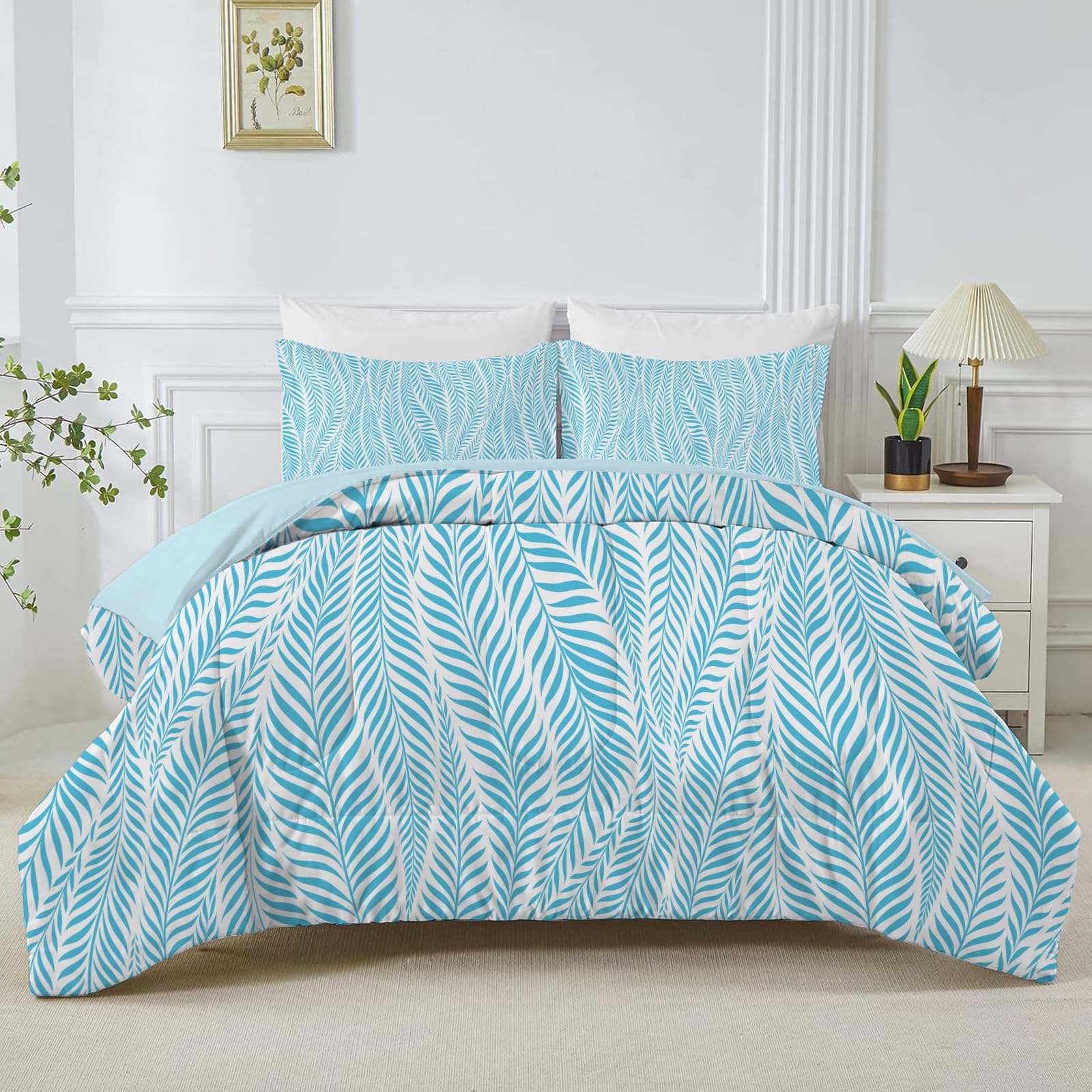 Linfye Light Blue Leaf King Size Duvet, Reversible Coverless Striped Botanical Duvet King Size, Anti Allergy Bed Quilt King 7.5 Tog for All Seasons - 1 Soft Comforter Bedding with 2 Pillowcases - B30