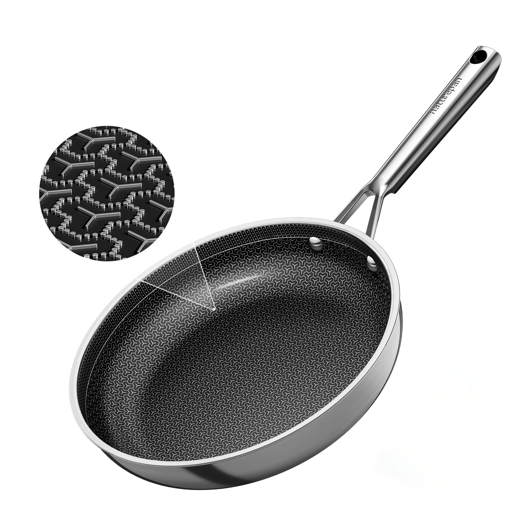 DiamondTitan Híbrida Sartén Acero Inoxidable 28 cm, Sartén de Cerámica Antiadherente, para Todas Cocinas, Estructura Panal Láser, Mango Fresco, Lavavajillas