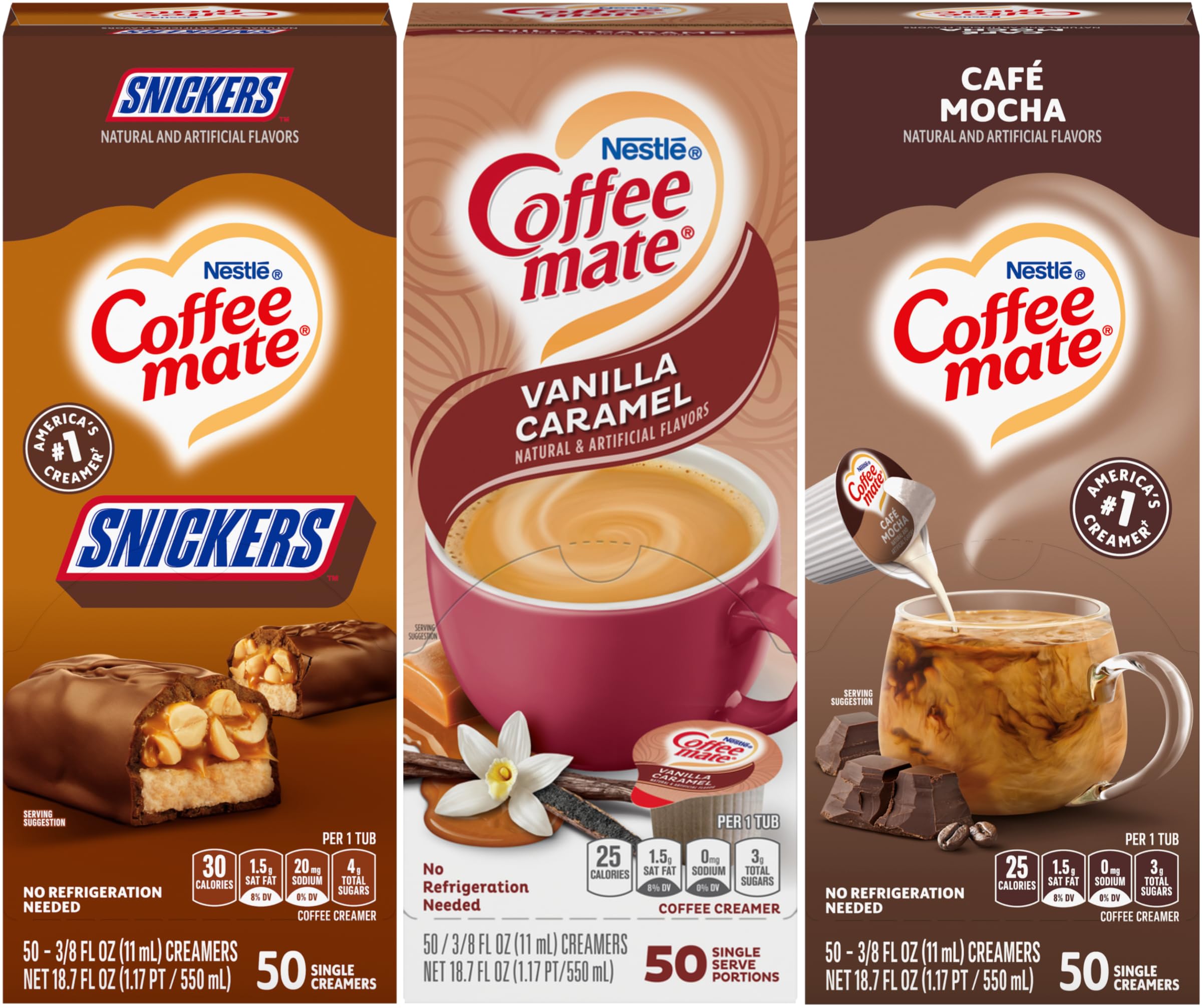 Nestle Coffee mate Liquid Coffee Creamer Singles Variety Pack, Snickers, Vanilla Caramel, Cafe Mocha, 50 Ct Box (Pack of 3)