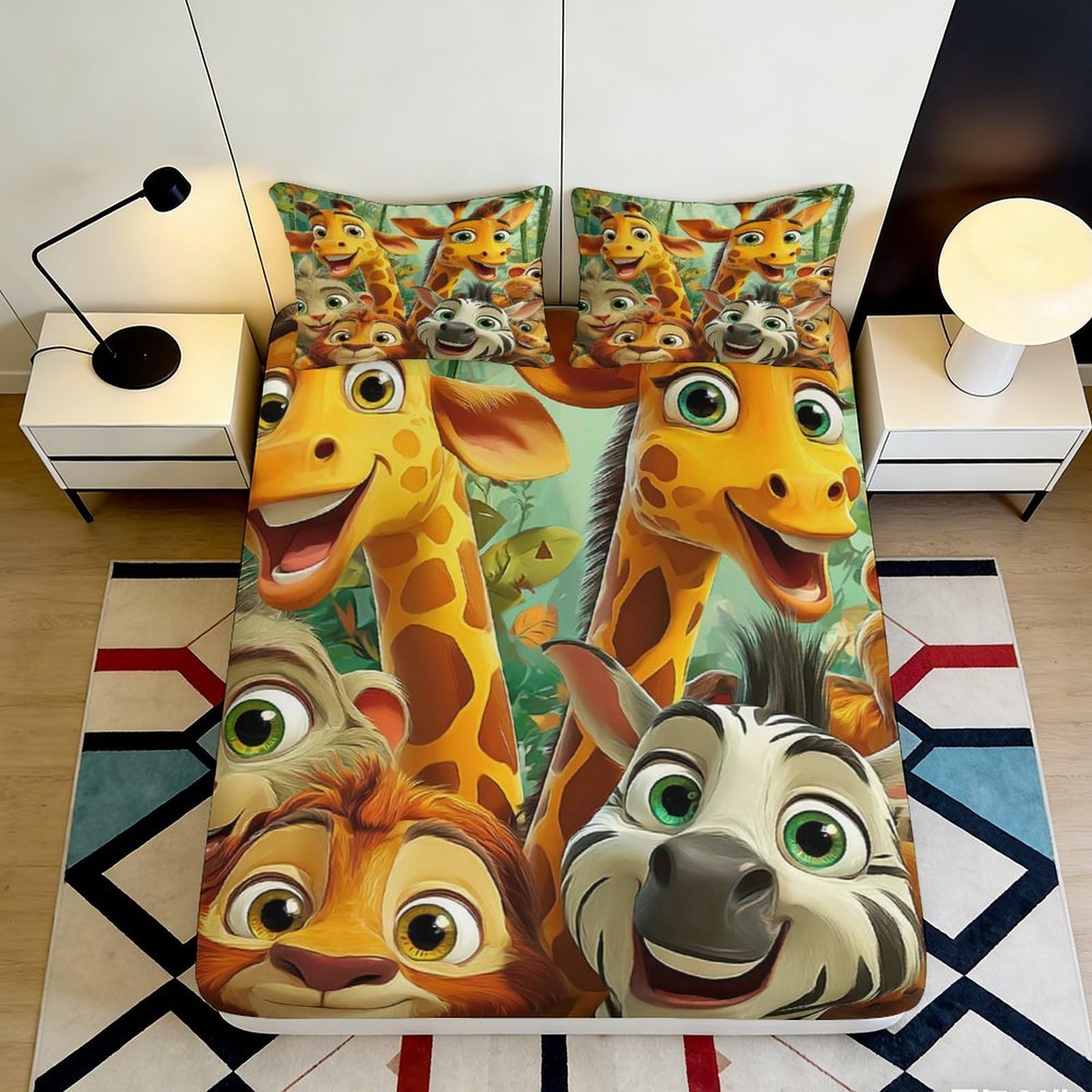 3D Printed Cartoon Giraffe Fitted Sheet Microfiber Animal Zebra Bed Cover for Bedroom Dorm Mattress Protection Decor 90x200x25cm