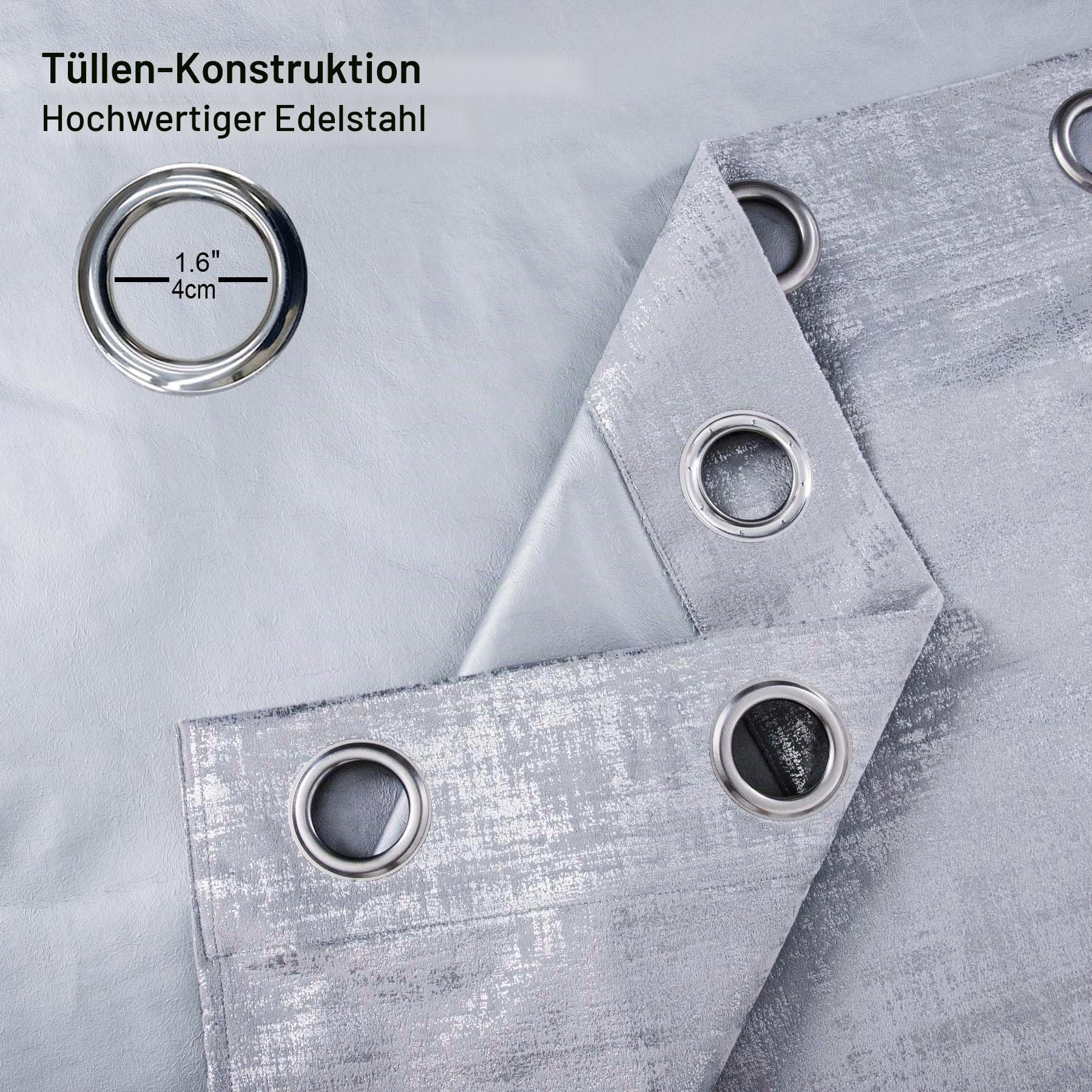always4u Vorhänge Blickdicht 100% Verdunklungsvorhänge, Thermovorhang Hitzeschutz mit Ösen, Elegant Samtvorhänge mit Silberdruck für Schlafzimmer Wohnzimmer, Silber, 2er Set 140×245cm