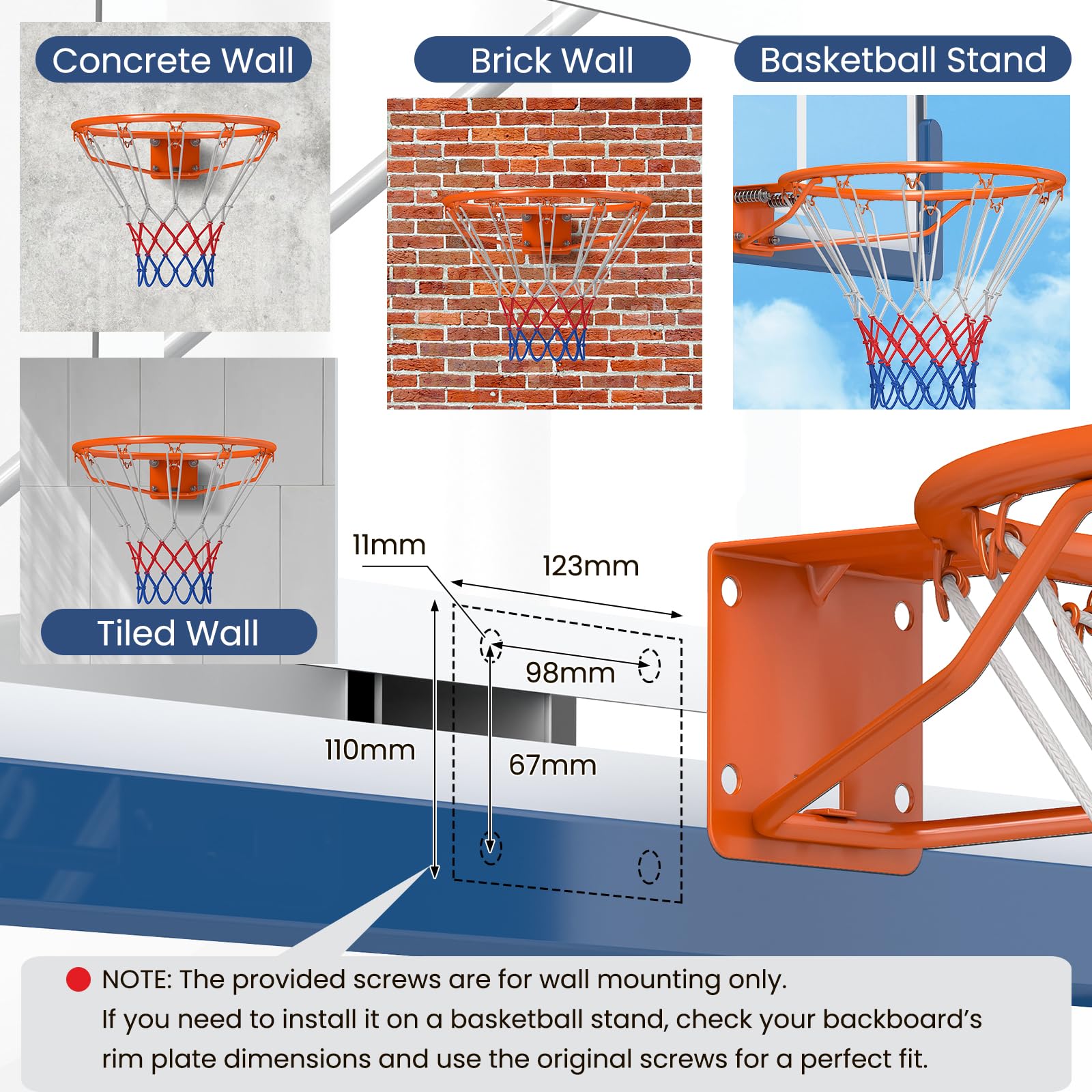 LIFEZEAL Ø45 cm Basketballkorb Wandmontage, Basketballring Solid/Hohl mit Wandhalterung & Netz, Basketballreifen Basketball Hoop für drinnen und draußen