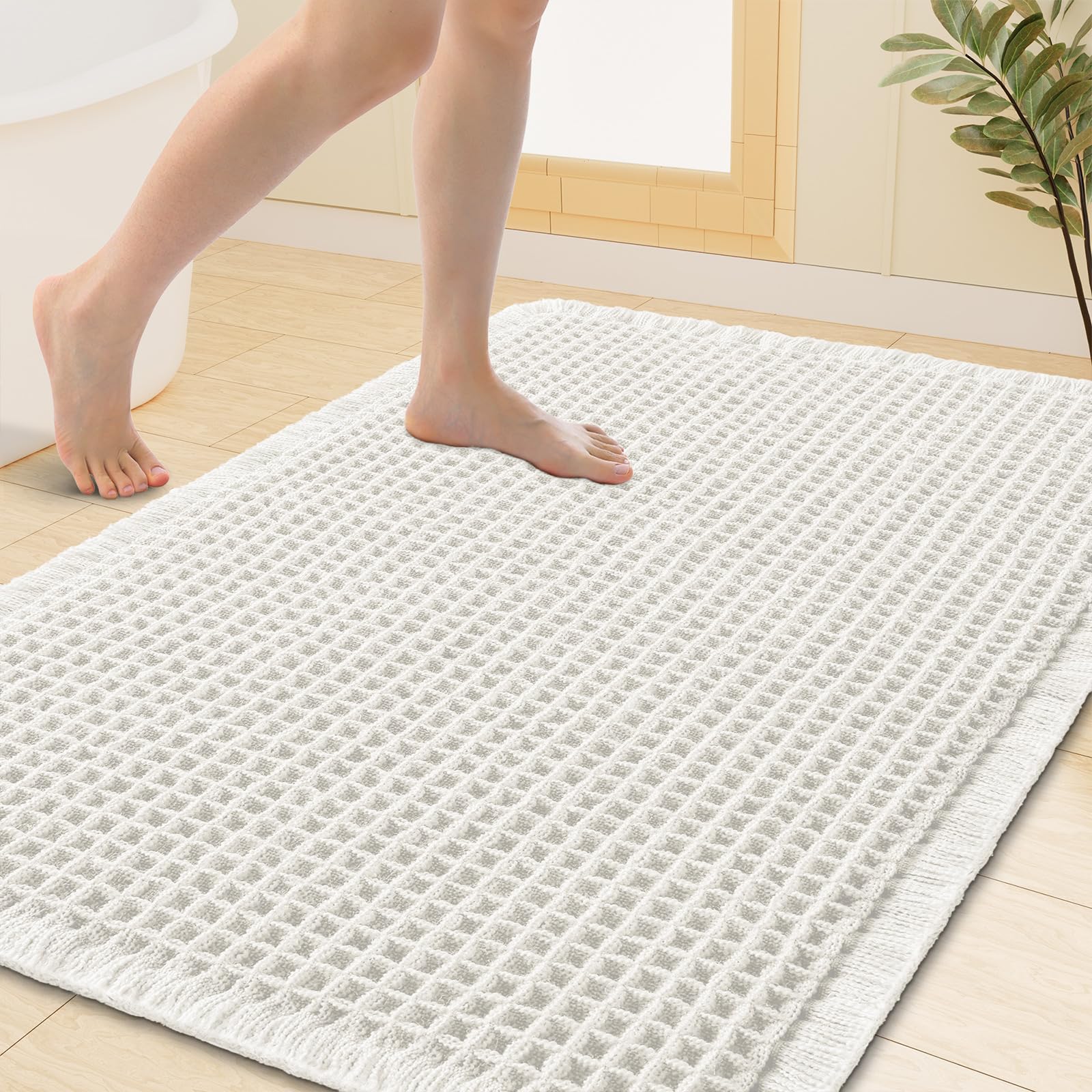Smiry Waffle Bath Mat 40X32, Extra Soft Absorbent Bathroom Rugs, Off-White