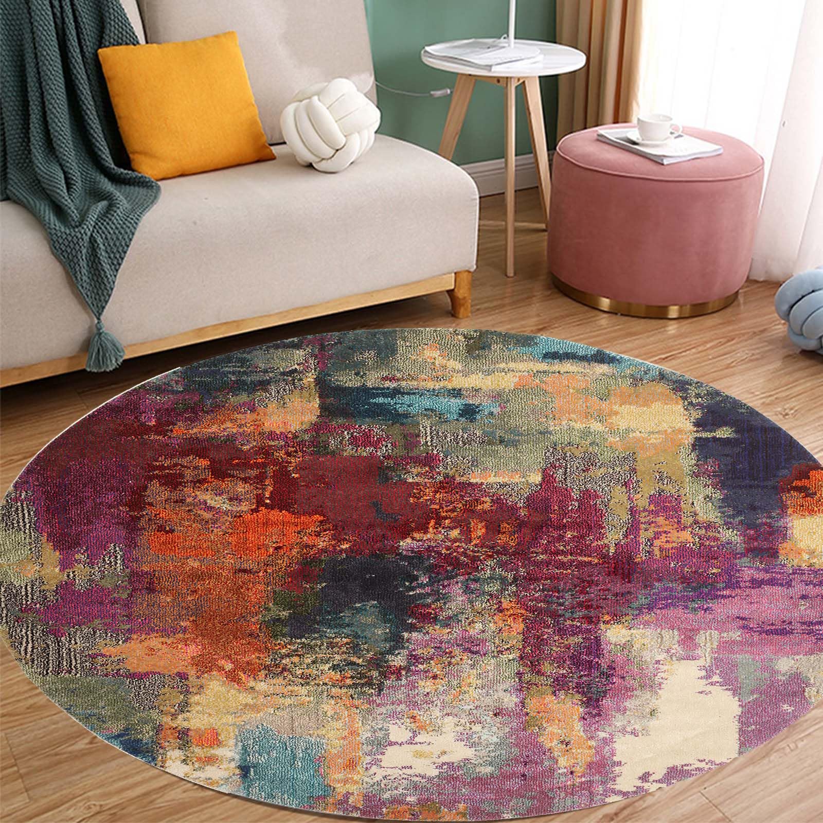 Teppich Rund Wohnzimmer KurzflorColourfulRound 200cm the Carpet Lila Rot Rosa Orange Gelb Blaugrün Blau Grün Beige Aquarell Muster ModernWaschbarer Teppiche für Schlafzimmer