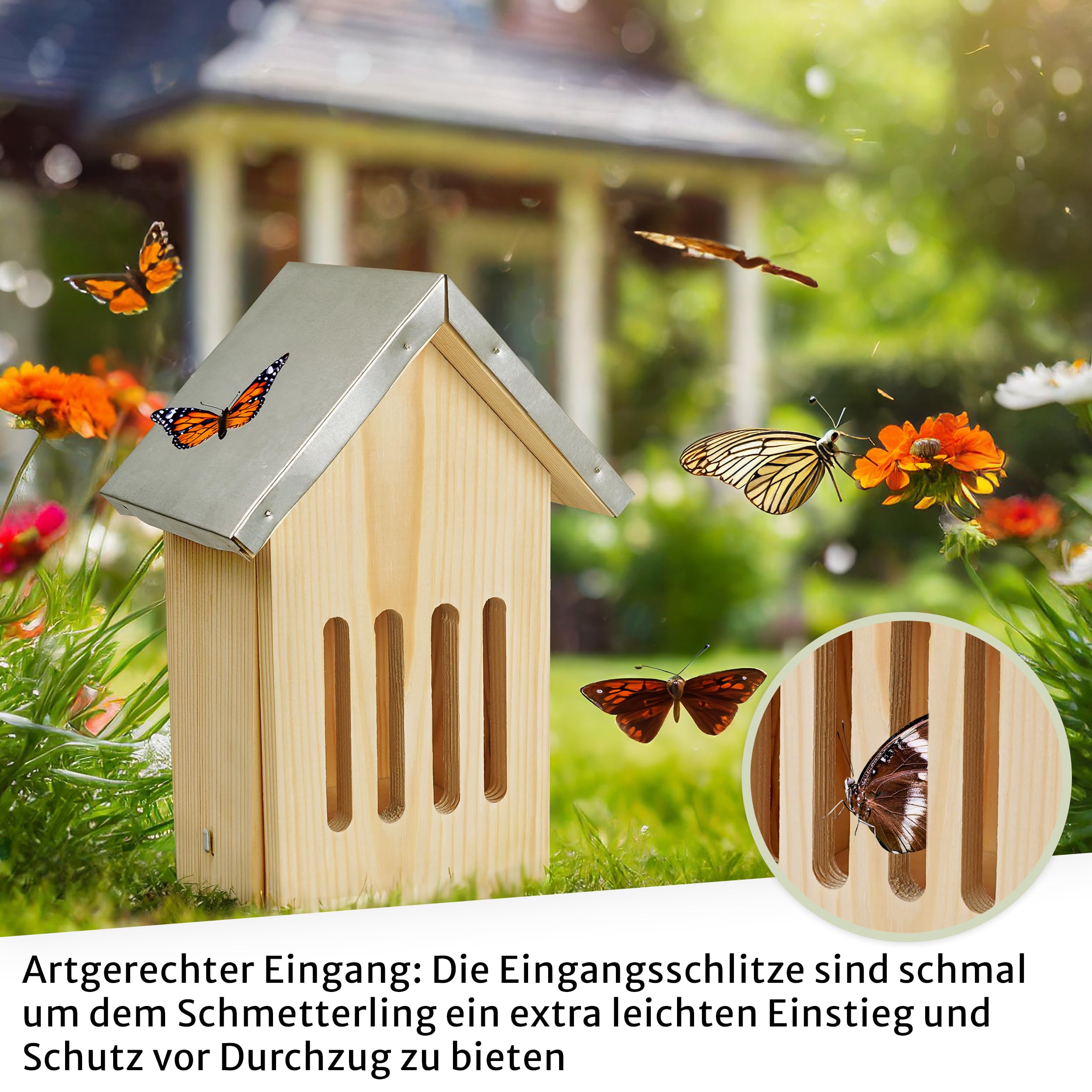 Oramics Schmetterlingshaus aus Kiefernholz mit wetterfestem Metall Dach [Made in Europe] Schmetterlingshotel für Garten und Balkon – Schmetterling Kasten Insektenhotel zum Züchten oder zur Aufzucht