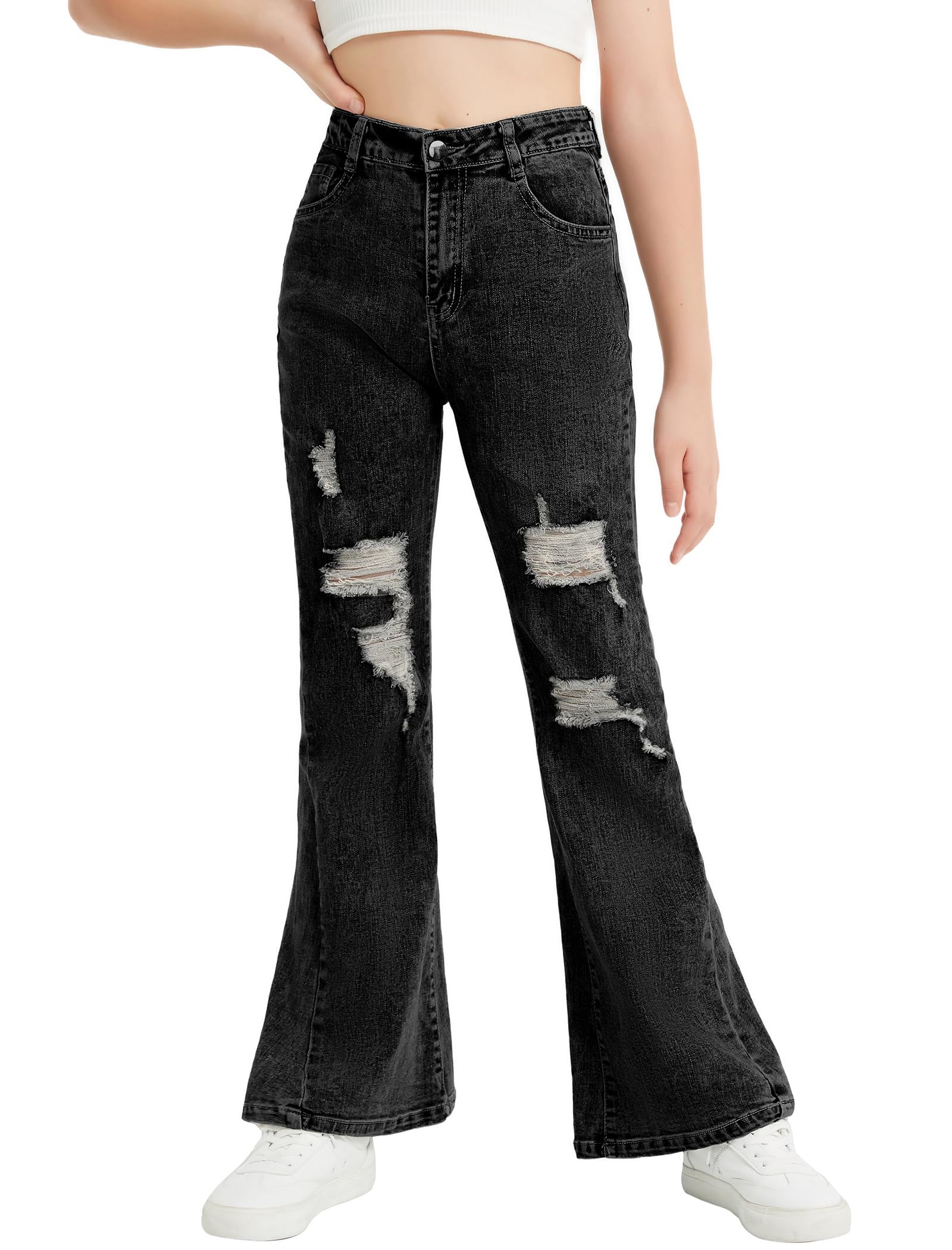 EXARUS Jeans svasati per ragazze Pantaloni in denim con fondo a campana strappato carino Bootcut a vita media tasche elastiche per bambini