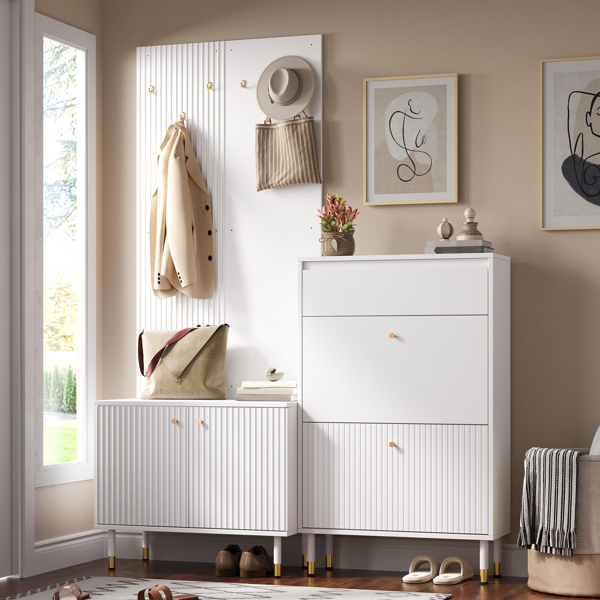 Garderobenset mit Schuhschrank und Staurschrank, kombinierte Standgarderobe mit 6 Haken und Schublade, modulares Flurmöbel für Flur, Diele und Eingangsbereich, Weiß B70xH180xT35 cm + B65xH104xT24 cm