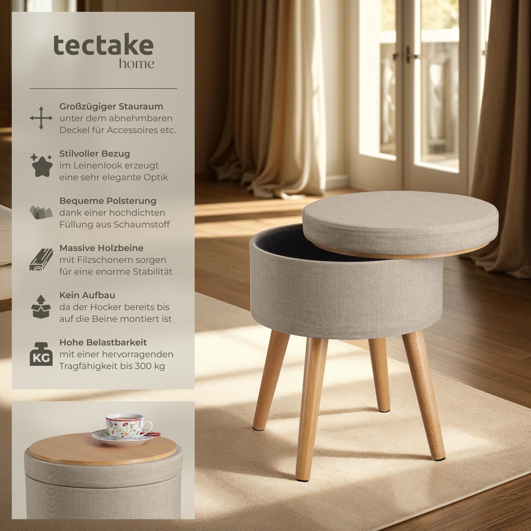 tectake® Hocker mit Stauraum, Sitzhocker mit Stauraum, Aufbewahrungsbox mit Deckel, Fußhocker, Hocker rund, Hocker Holz Beine, als Sitzbank Flur, im