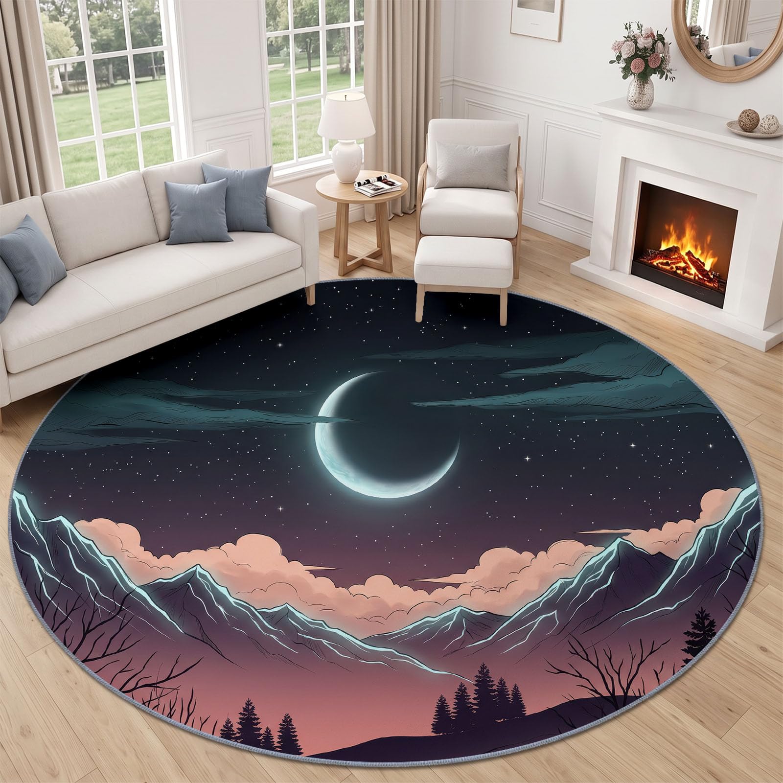Tapis Rond 100 cm, Lavable en Machine Noir Moquette pour Salon - Moquette Poil Bas antidérapant - Fantaisie Ciel Étoilé Montagnes Lune imprimé Tapis pour Salle à Manger Chambre d’Enfant
