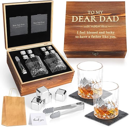 Regalos de whisky para el día de San Valentín para hombres, papá, de hija, hijo, esposa, regalo de cumpleaños, regalo de caja de madera con piedras