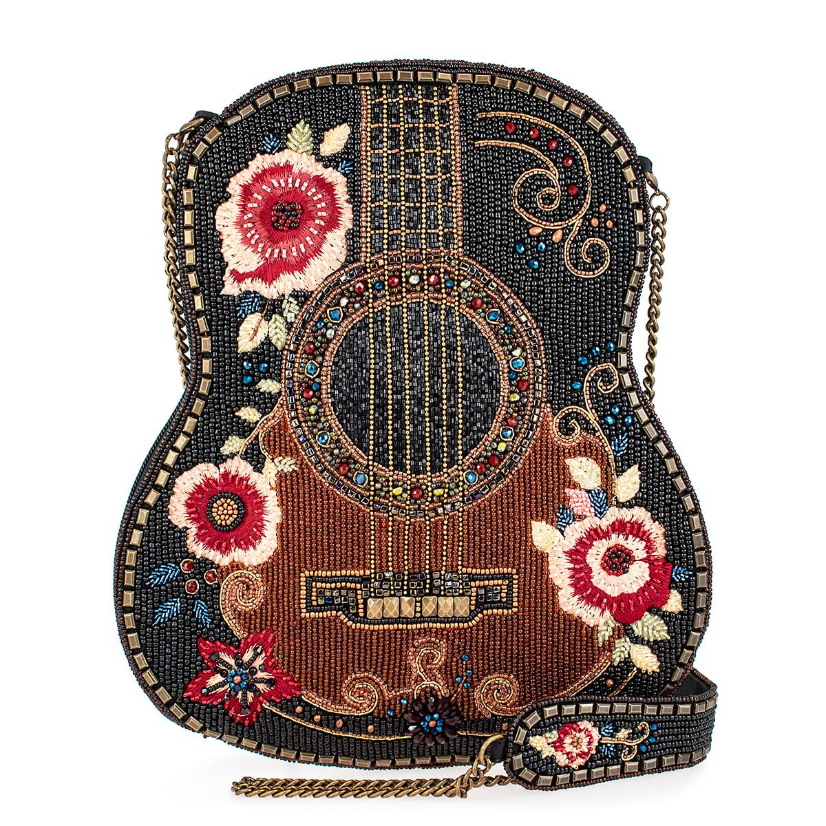 Mary Frances Classical Vibe Beaded Crossbody Handbag Floral Guitar-Shaped Evening Clutch Purse Statement Bag with Removable Strap, Brown