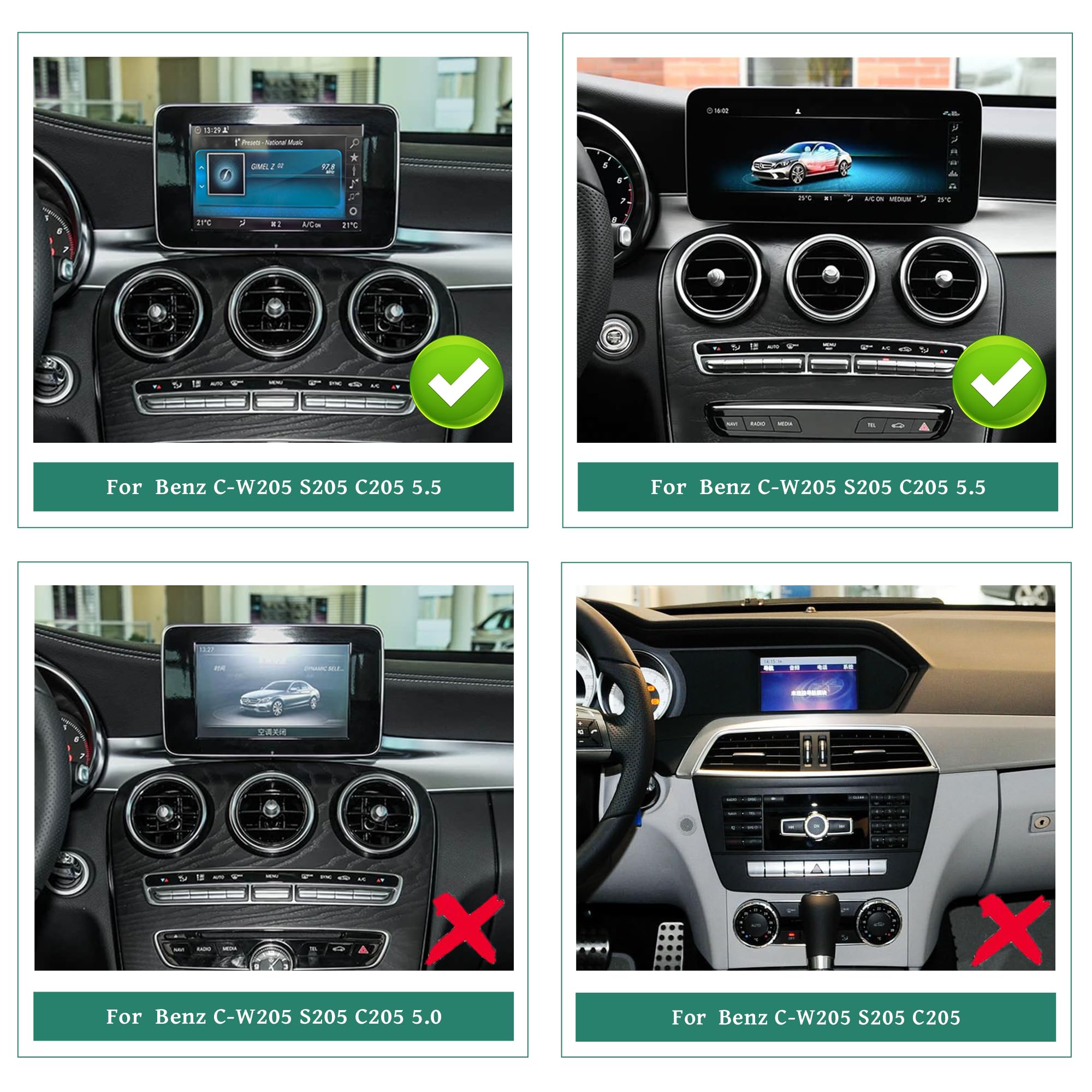 12,3-calowy ekran Android do Mercedesa klasy C W205 A205 C205 S205 NTG 5.5 CarPlay Android Auto pełny (dzielony) ekran Mirroring App Netflix Spotify TikTok nawigacja obsługa kamer pojazdów (128 GB)