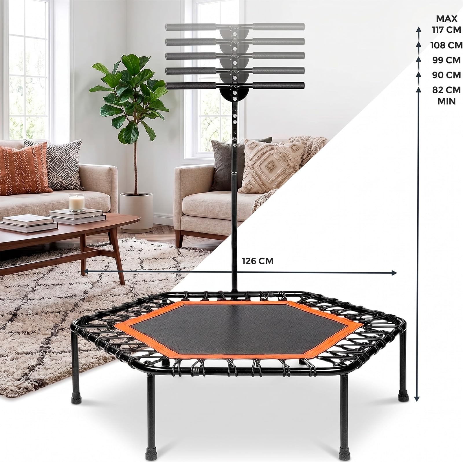 Cama Elástica Fitness con Manillar, Trampolín Plegable, Altura Ajustable, Diámetro 95cm, Instalación Fácil, Mango Ajustable en 5 Niveles, Jump Fitness