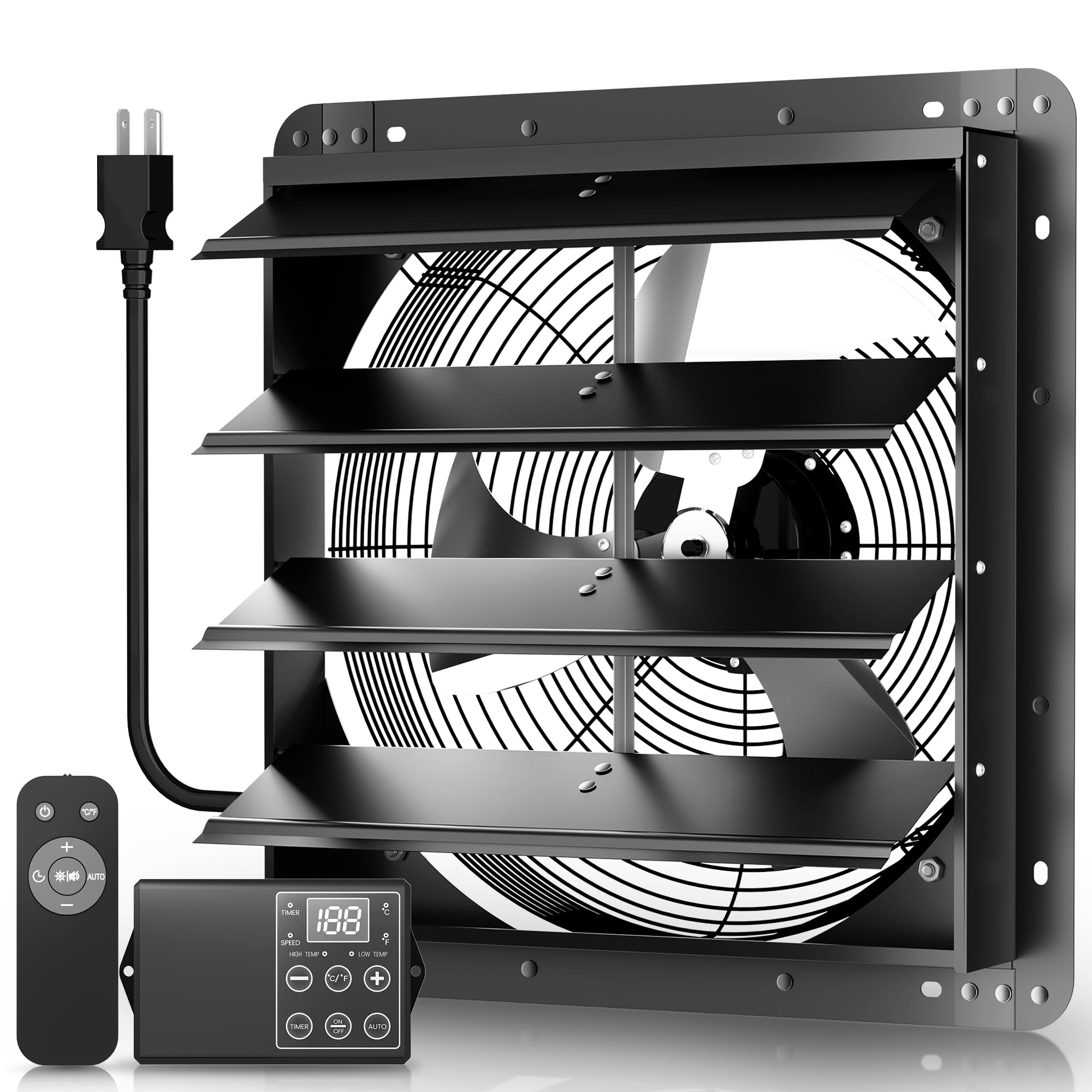 24" Shutter Exhaust Fan with 6 ft Power Cord, AC Motor Attic Fan, Smart Speed Remote Control (32.8ft Range), Auto Temp/Humidity & Timer, Vent Fan for