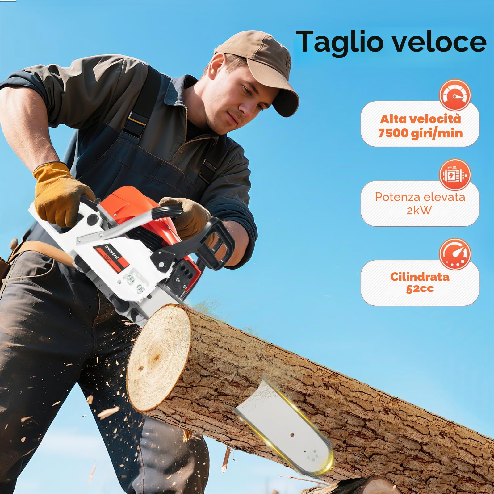 Motosega a benzina, motore 2 tempi 52cc, con lunghezza lama 51 cm & avviamento facile, lubrificazione automatica della catena, ideale per legna da ardere, potatura e manutenzione del giardino