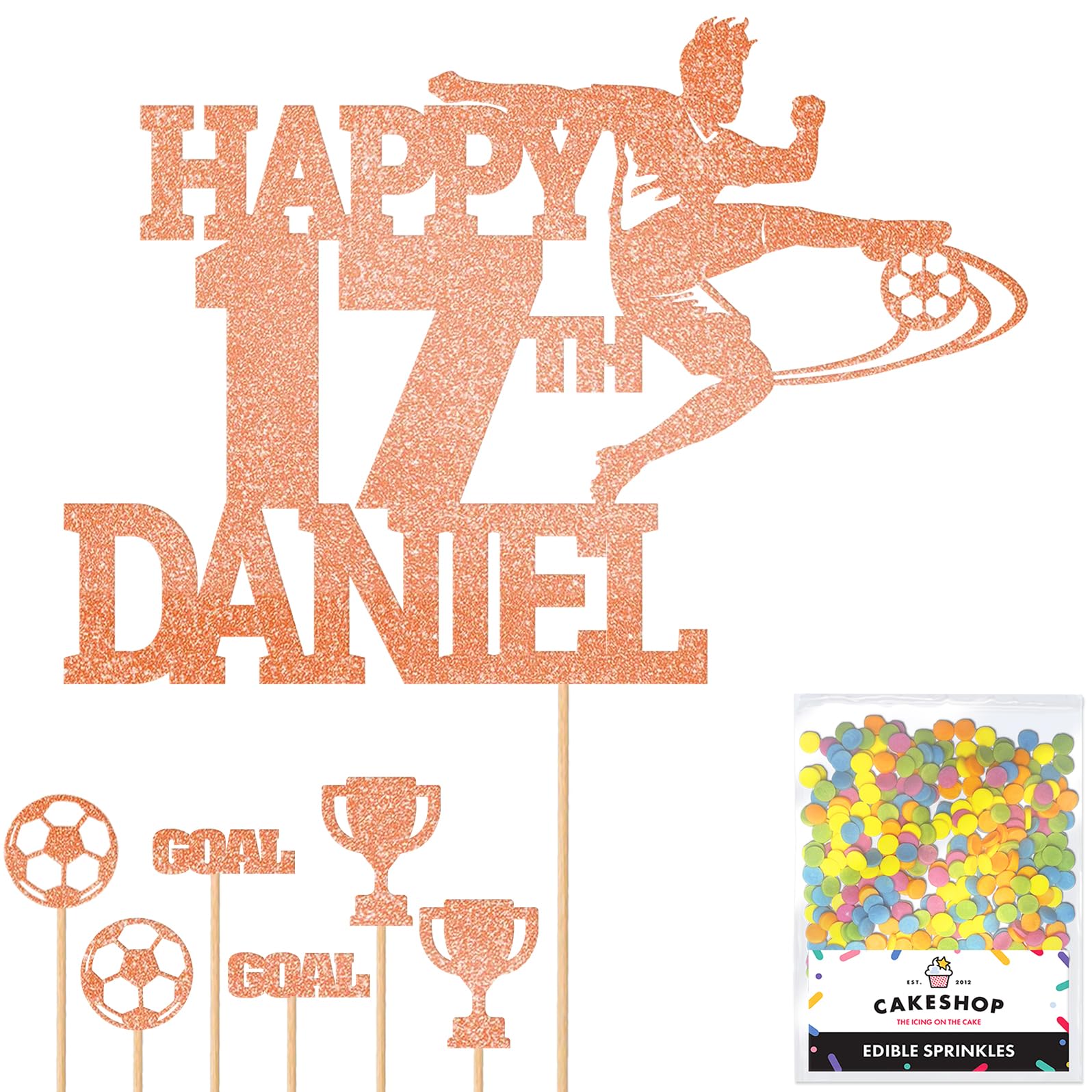 Personalised Birthday Football Footballer Cake Topper- Rose Gold Any Name & Age Glitter Cake Decoration and Sprinkles - Happy Birthday Decorations - Personalised Toppers for Cakes by Cakeshop — image 1
