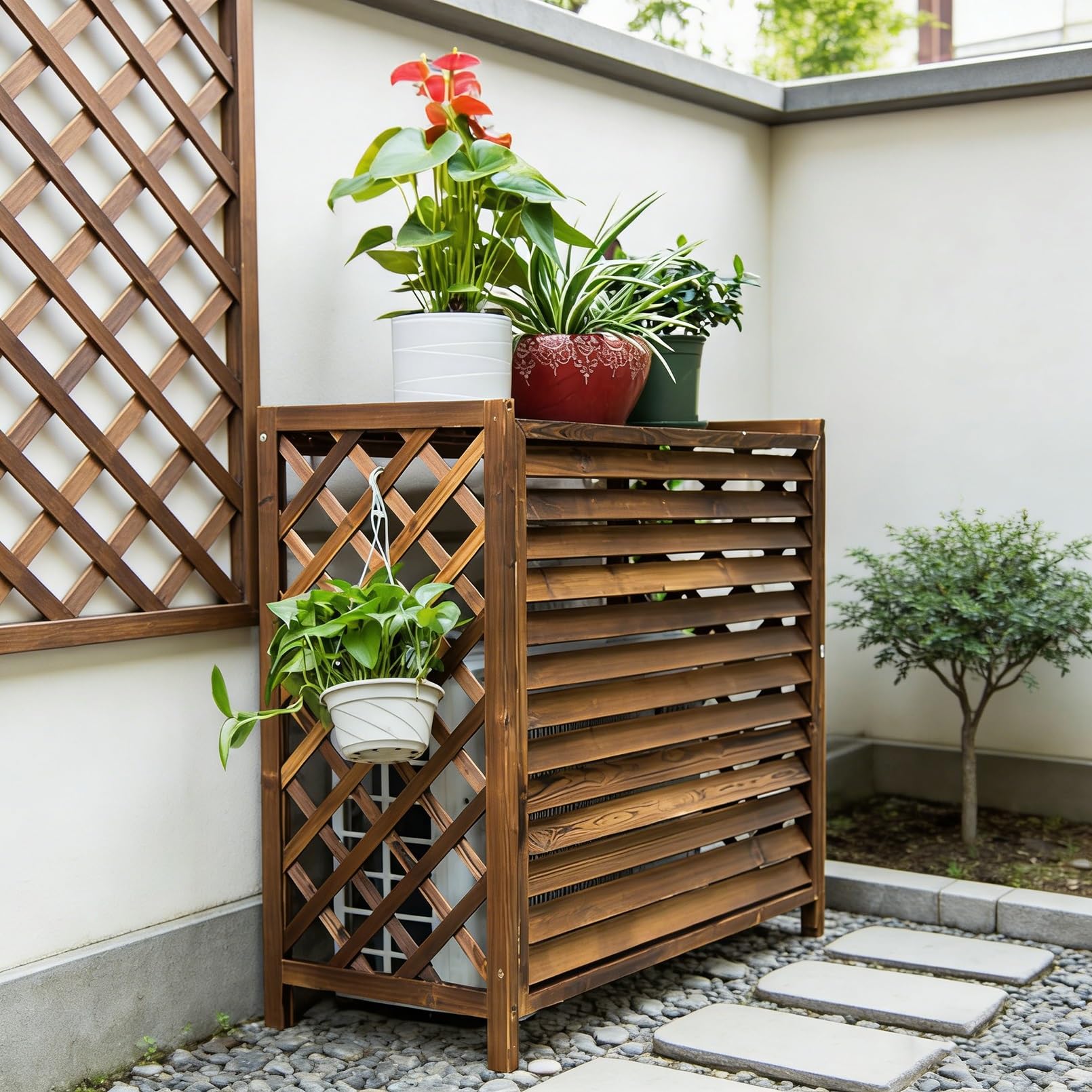 Copri Condizionatore Da Esterno Legno Copertura Condizionatore Esterno Legno Copricondizionatore Marrone Copertura Motore Condizionatore per Giardini E Balconi Supporti per Piante(100x44x93cm)