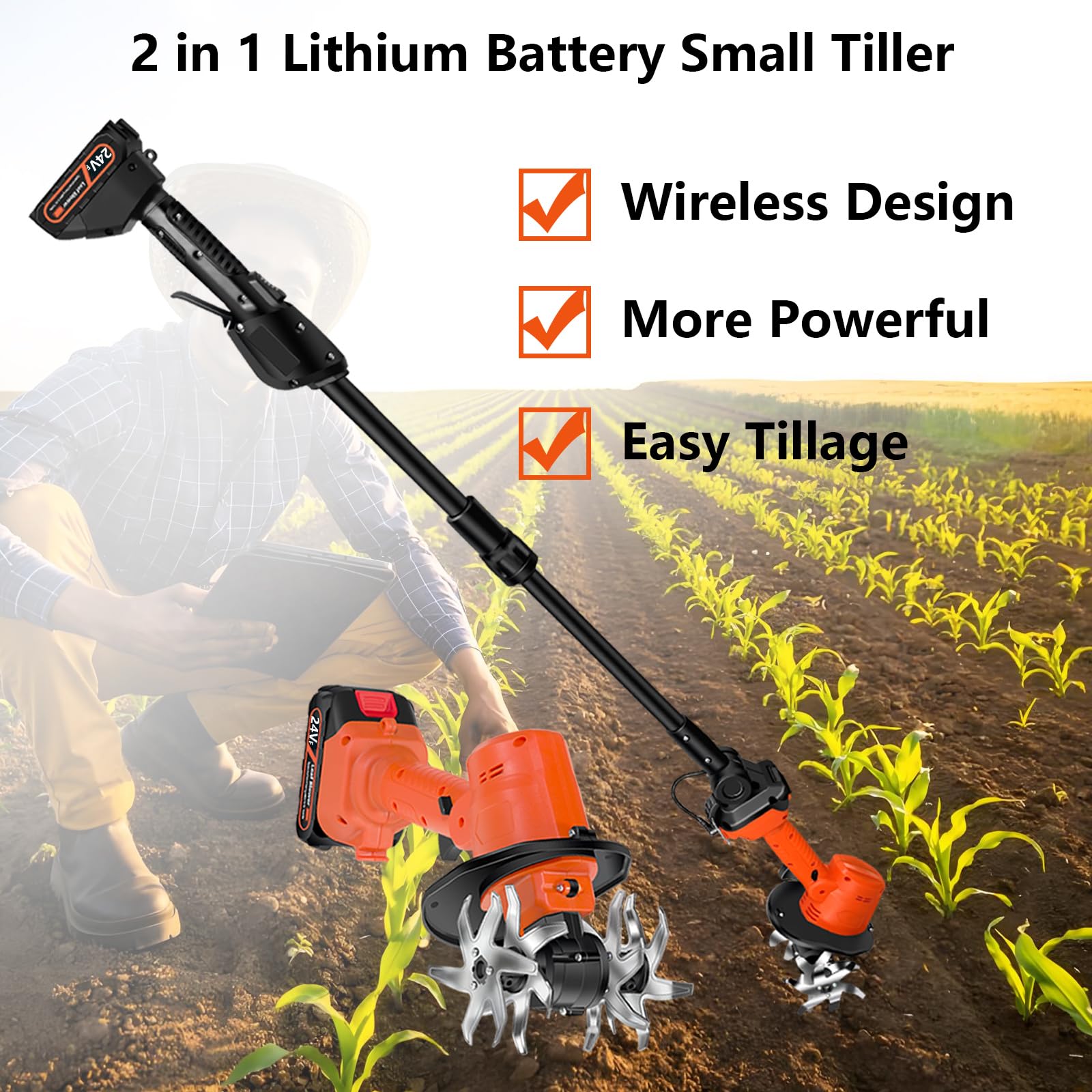 Motobineuse sans Fil 24V Motoculteur éLectrique sans Fil avec 2 Batteries de 1500 Mah et Chargeur Motoculteur Batterie Largeur de Travail 10 Cm Profondeur 10 Cm pour Jardinage et Cultivate