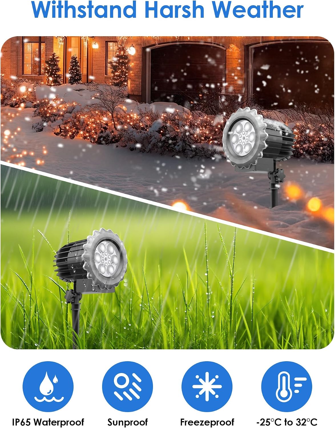Christmas Snowflake Projector Lights Outdoor (Non-Laser), KAGIWEI 180° Rotating LED Lens Projector with 4 Patterns, IP45 Waterproof Energy-Saving Xmas Outdoor Lights for Holiday Party Decorations
