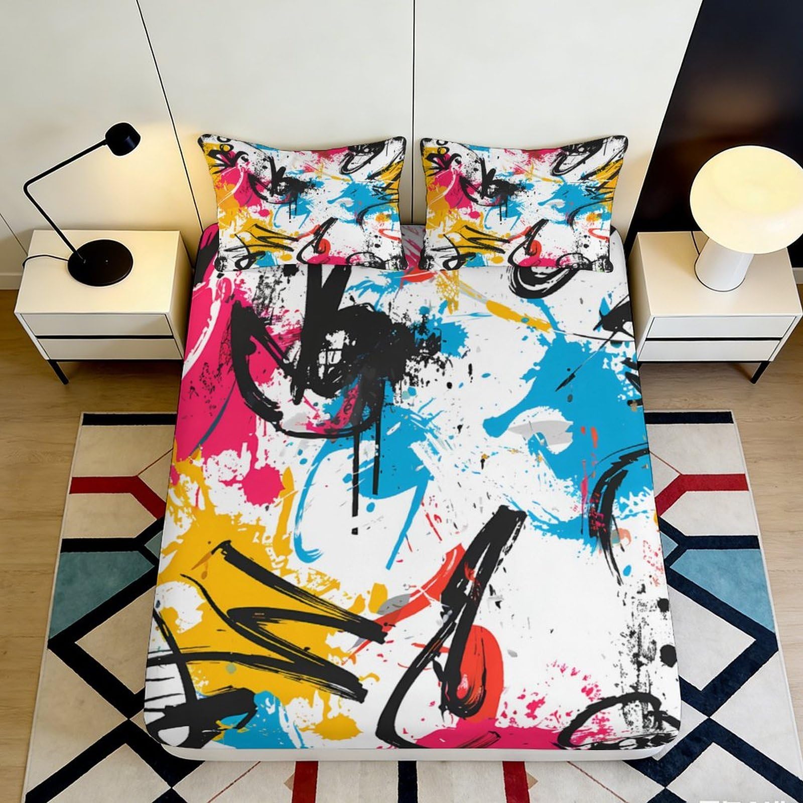 3D Printed Graffiti Splash Fitted Sheet Microfiber Mattress Cover Colorful Abstract Art for Bedroom Dorm Protection Decor 120x200x25cm