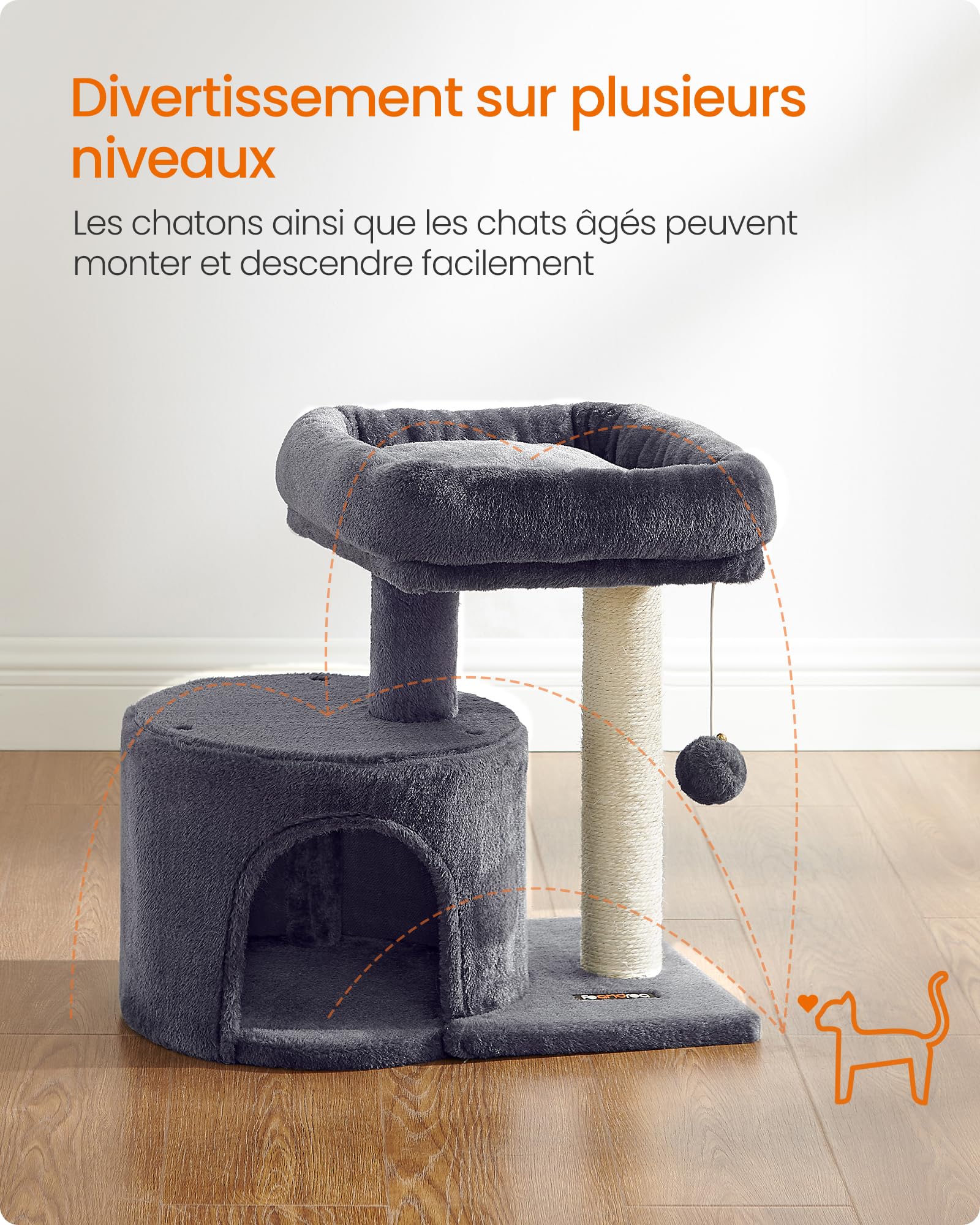 Feandrea Arbre à Chat avec Poteau en Sisal, Tour à Chat, Plateforme Rembourrée, Gris Anthracite PCT50GV1