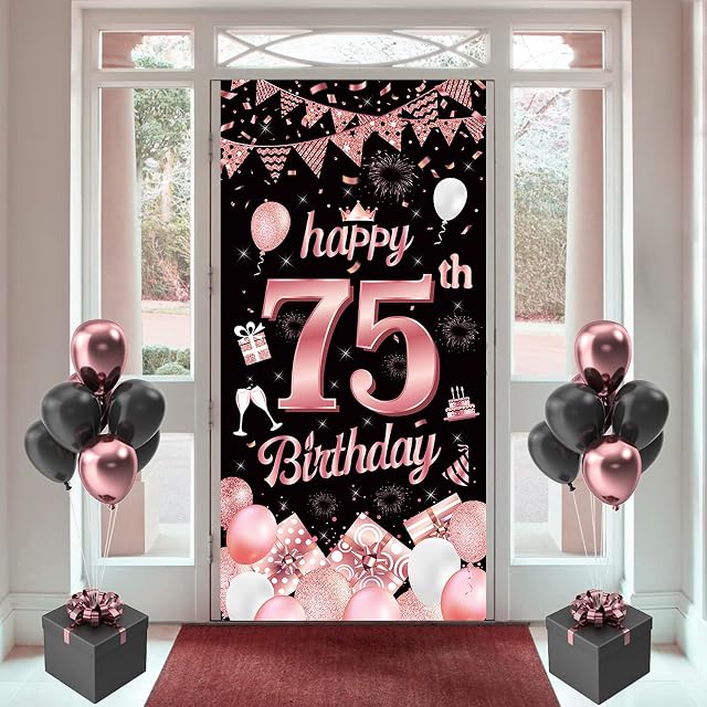 75th Birthday Banner, 75th Birthday Decorations, 75th Birthday Backdrop Rose Gold, 75th Banners for Her, Birthday Door Banner for Women Birthday Party Door Wall Decoration Photo Booth Props