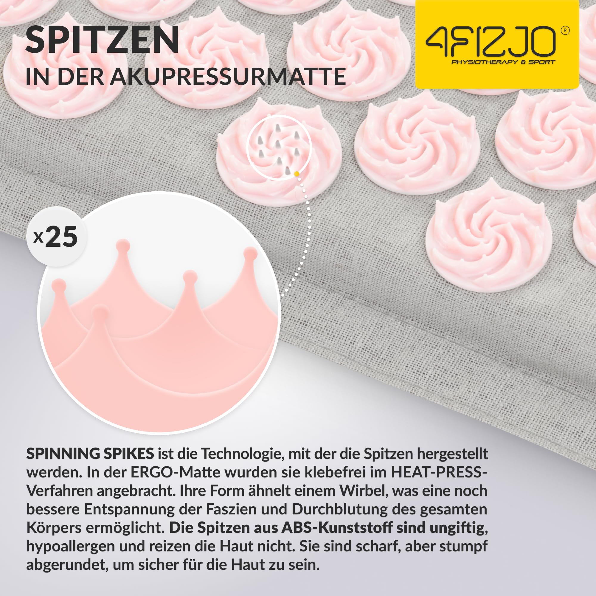 4FIZJO Akupressurmatte & Kissen ECO XL, 110x42x2 cm, mit Tragetasche, Umweltfreundliche Materialien, 9750 Stacheln, Massagematte für bessere Durchblutung, Muskeln Entspannung, Farbe: Grau und Rosa